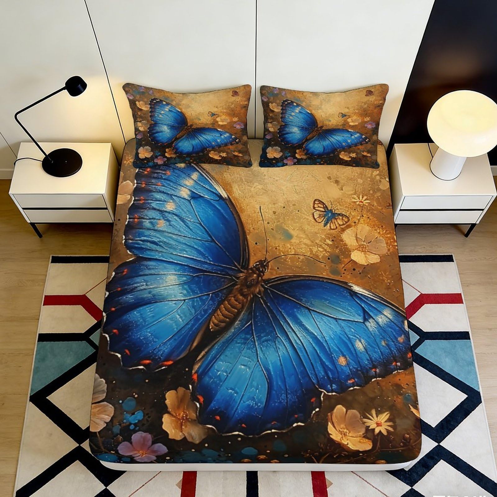 3D Printed Blue Butterfly Fitted Sheet Microfiber Non Slip Artistic Bed Cover for Bedroom Dorm Guest Room Easy Care 140x200x25cm