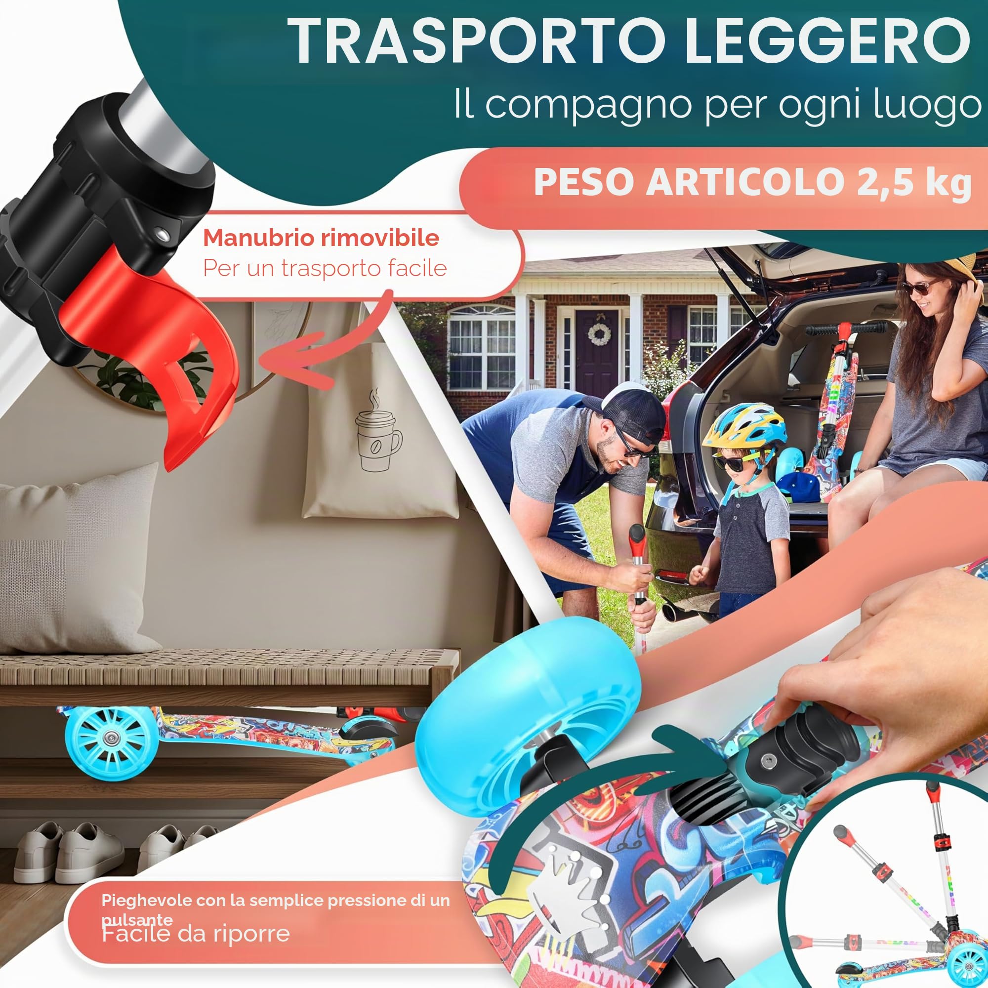 KIDIZ® Scooter Scooter per bambini X-Pro2 Triciclo Scooter con ruote luminose a LED in PU Scooter a pedali pieghevole Scooter da città regolabile in altezza Scooter per bambini ragazze 3-12 anni