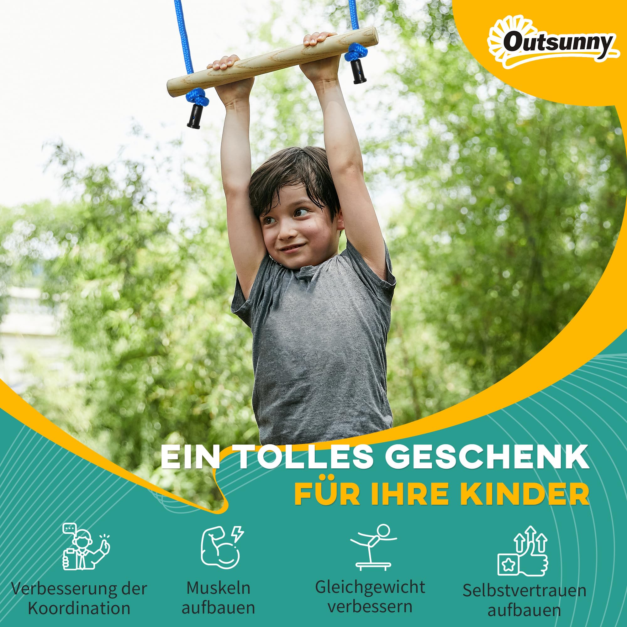 Outsunny Ninja Line Kinder 10m Slackline Set mit Hindernissen, Klettergerüst, Turnringe, Baumschutz, Outdoor Spielset Ausrüstung für 3-6 Jahre Kinder Mehrfarbig