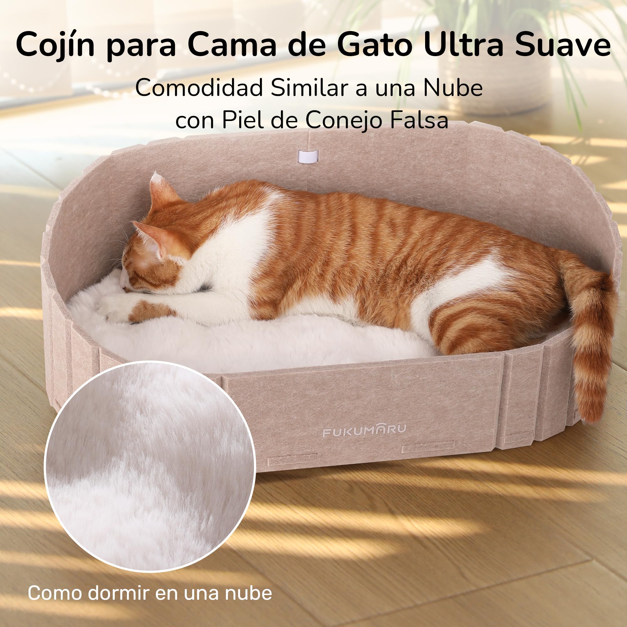 FUKUMARU Caseta para Gatos Interior - Cama Extragrande de 60 cm con cojín de Peluche imitación Conejo, sofá o casa Ovalada de Fieltro para Gatos domésticos, Beige