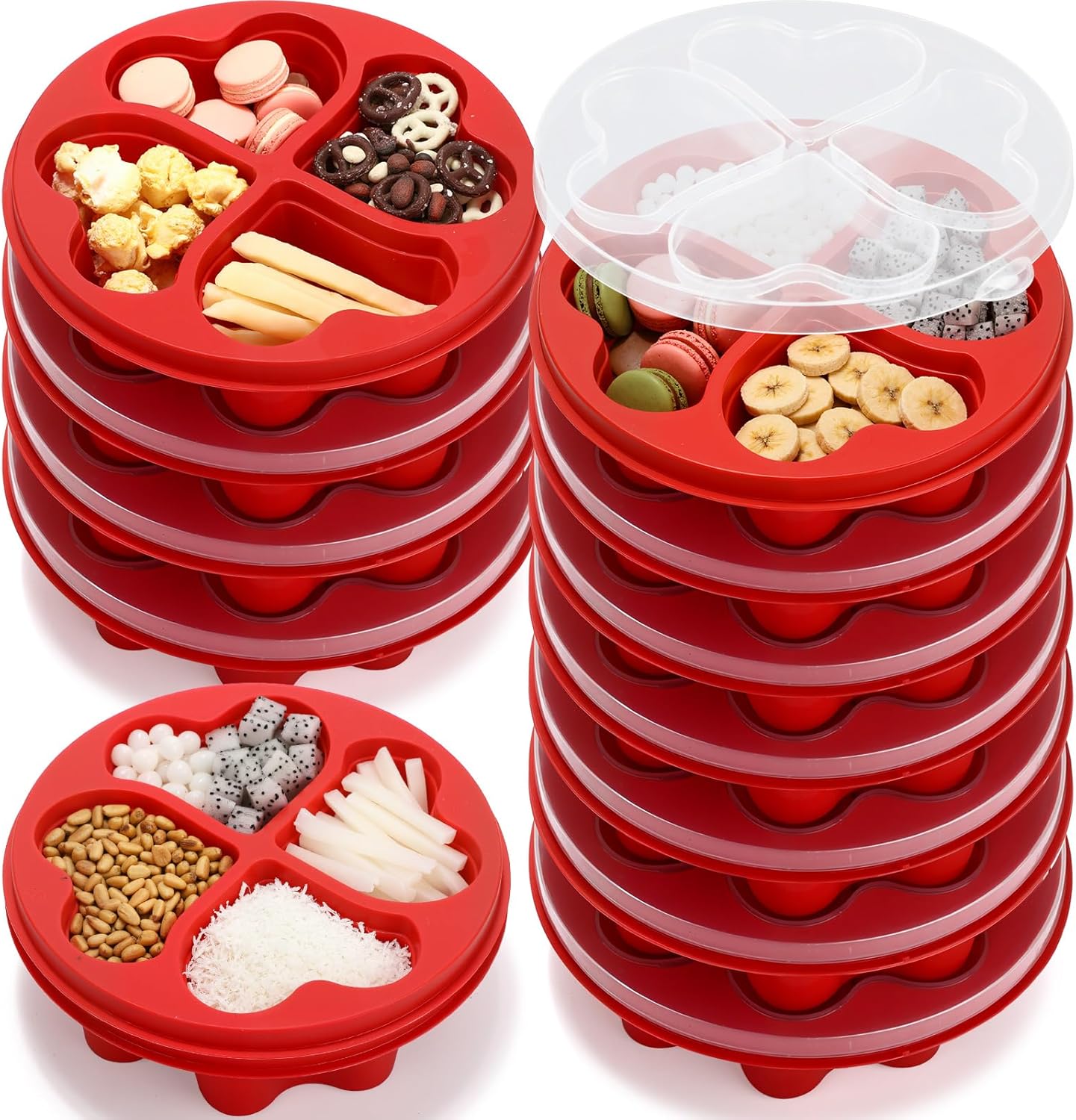 FoldTier 12 Pcs 6.8 Inch Valentine's Day Mini Snack Box Divided Dessert Serving Tray Heart Red 4-compartment Snack Container Box with Lids for Christmas Mother's Day Lunch Meal