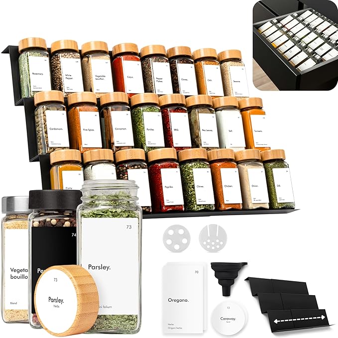 KIVY Spice Drawer Organizer with 24 Spice Jars & 240 Labels - Seasoning Rack for Organization - Kitchen Drawer Insert for Spice Jars - Glass Seasoning Jars with Airtight Lids - Glass Spice Jars Empty