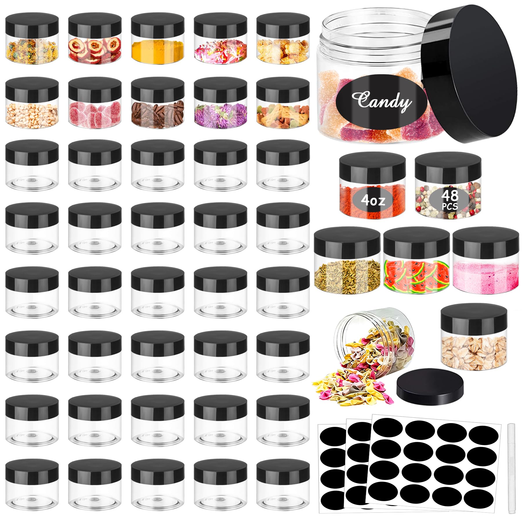Tarros de plástico de 48 onzas con boca ancha, redondos, transparentes, con tapas negras, apilables, vacíos, tarros de limo, rellenables, herméticos, para uso en cocina, productos de belleza y más