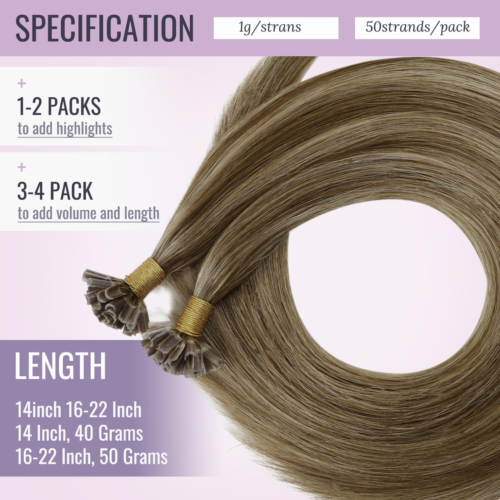 Fshine Cheratina Extension Capelli 40CM 50g Extension Lisci Capelli Marrone e Bionde Highlights U Tip Human Extension Extension 1g/ciocca Keratin Extensions Human Hair