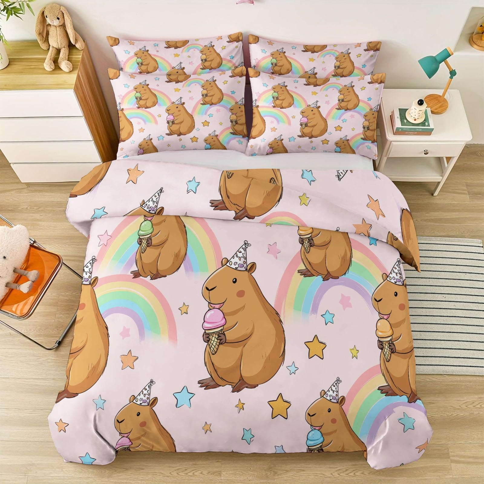 Japanisch Cartoon Bettwäsche 200 x 200 cm, Capybara EIS Partyhut Wende Bettwäsche Bunt Weich Kuschelig Bettbezug Set Mikrofaser Deckenbezug, mit Reißverschluss und Kissenbezug
