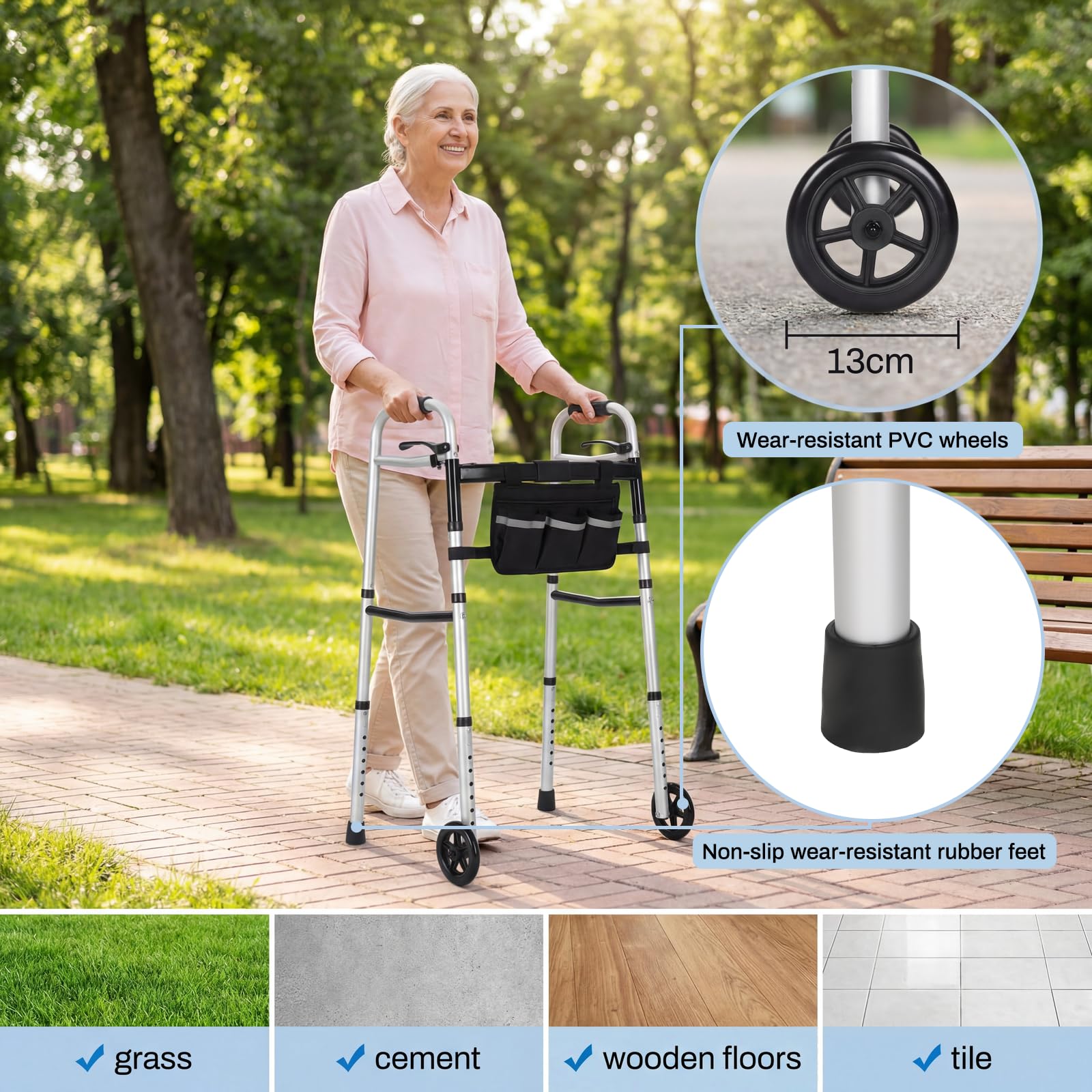 Andador para Personas Mayores, Plegable con Ruedas, Caballete Ligero de Altura Regulable de Aluminio, Gehgestell con Altura Regulable en 8 Niveles y Anchura Ajustable en 5 Posiciones