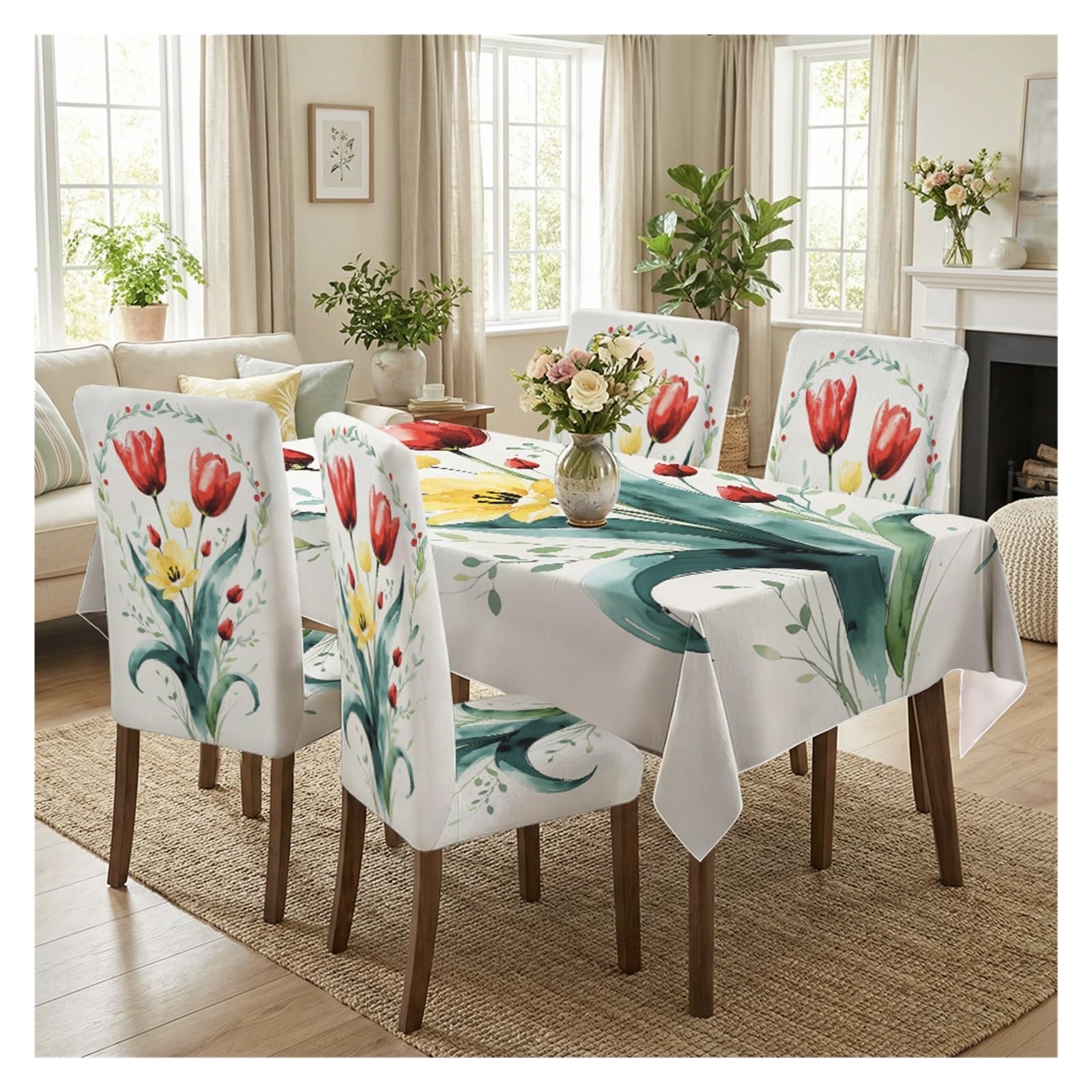 BOSUYBN Watercolor Red Yellow Tulip Floral Printed Dining Tablecloth & Chair Covers Set, 5/7 Piece Fresh Spring Cottage Home Decor Table Setting(5pcs Set: Tablecloth+Chair Covers)