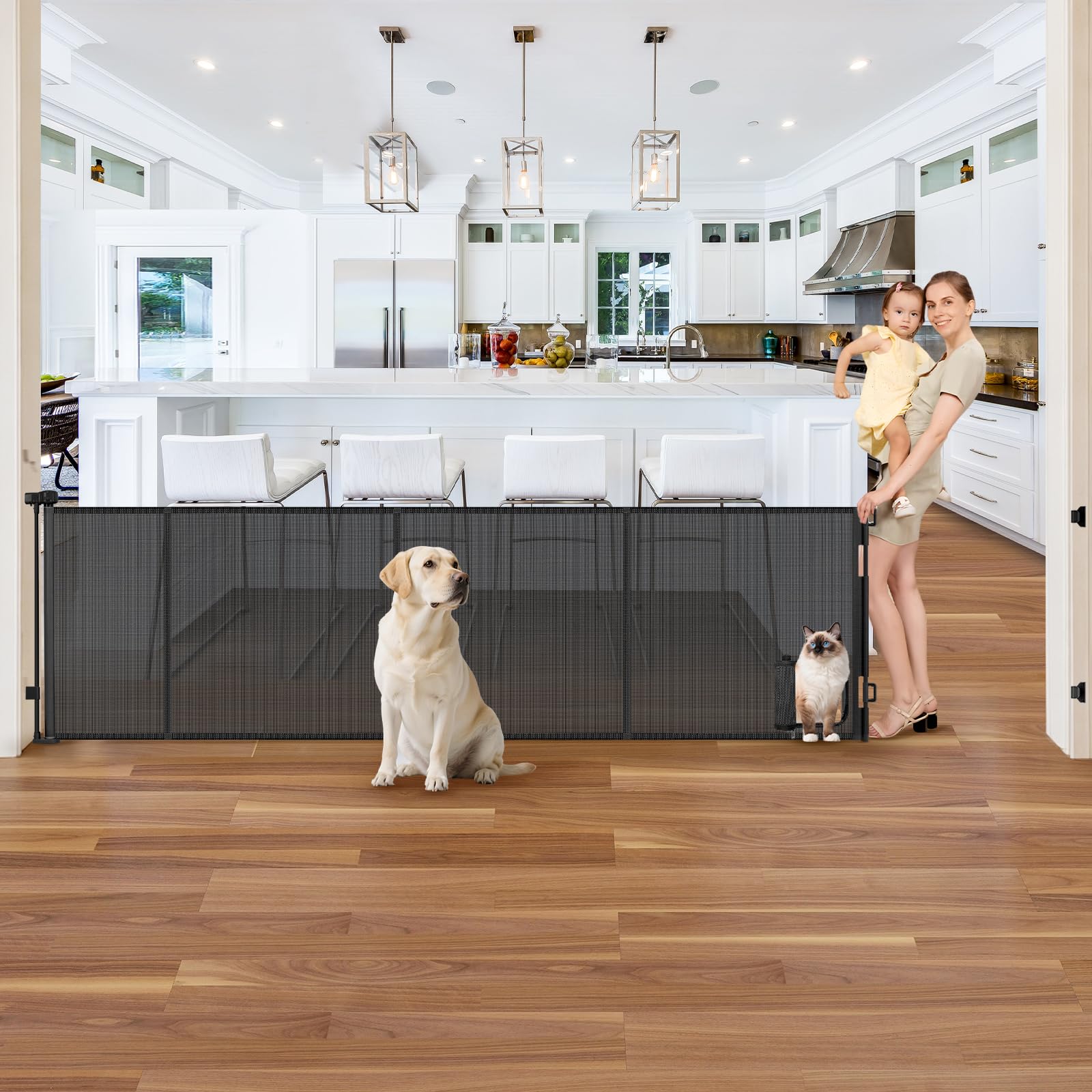 Reinforced 120 Inch Wide Retractable Baby Gates Extra Wide Pet Gate with Cat Door 10ft Extra Long Baby Gates for Large Openings 33 Inch Tall