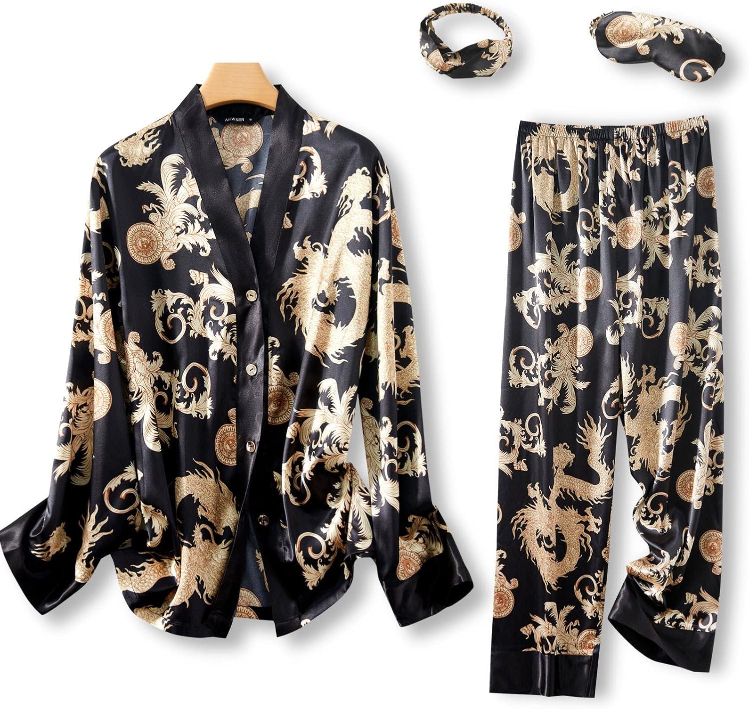 Arwser Women's Silk Satin Pajamas Set 4pcs Long Sleeve Button Down Sleepwear V-Neck Printed Dragon Pjs - Image 5