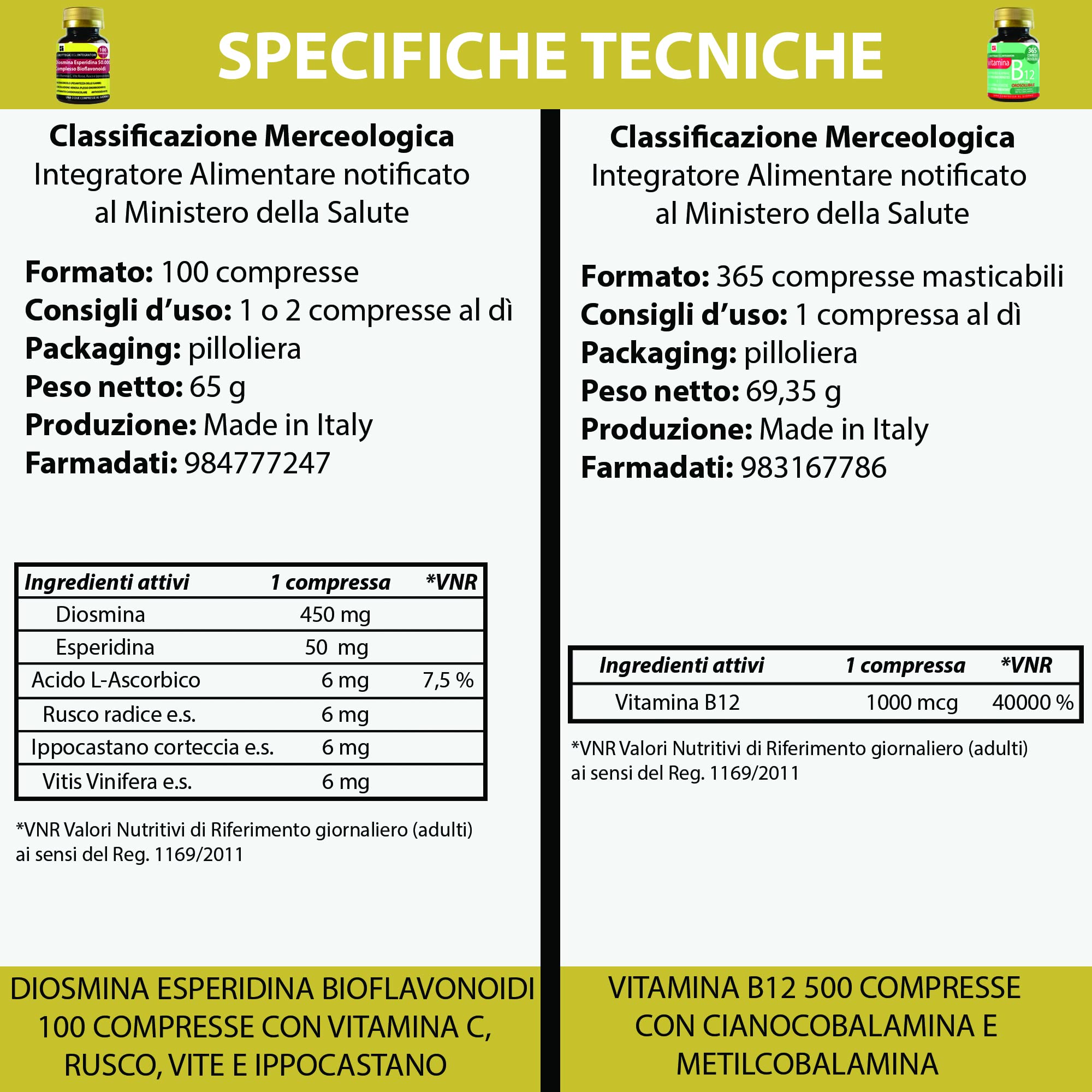 Set di Integratori Circolazione Antiossidante + Energia | Diosmina Esperidina Bioflavonoidi 100 Compresse + Vitamina B12 365 Compresse Masticabili | Senza Glutine e Lattosio