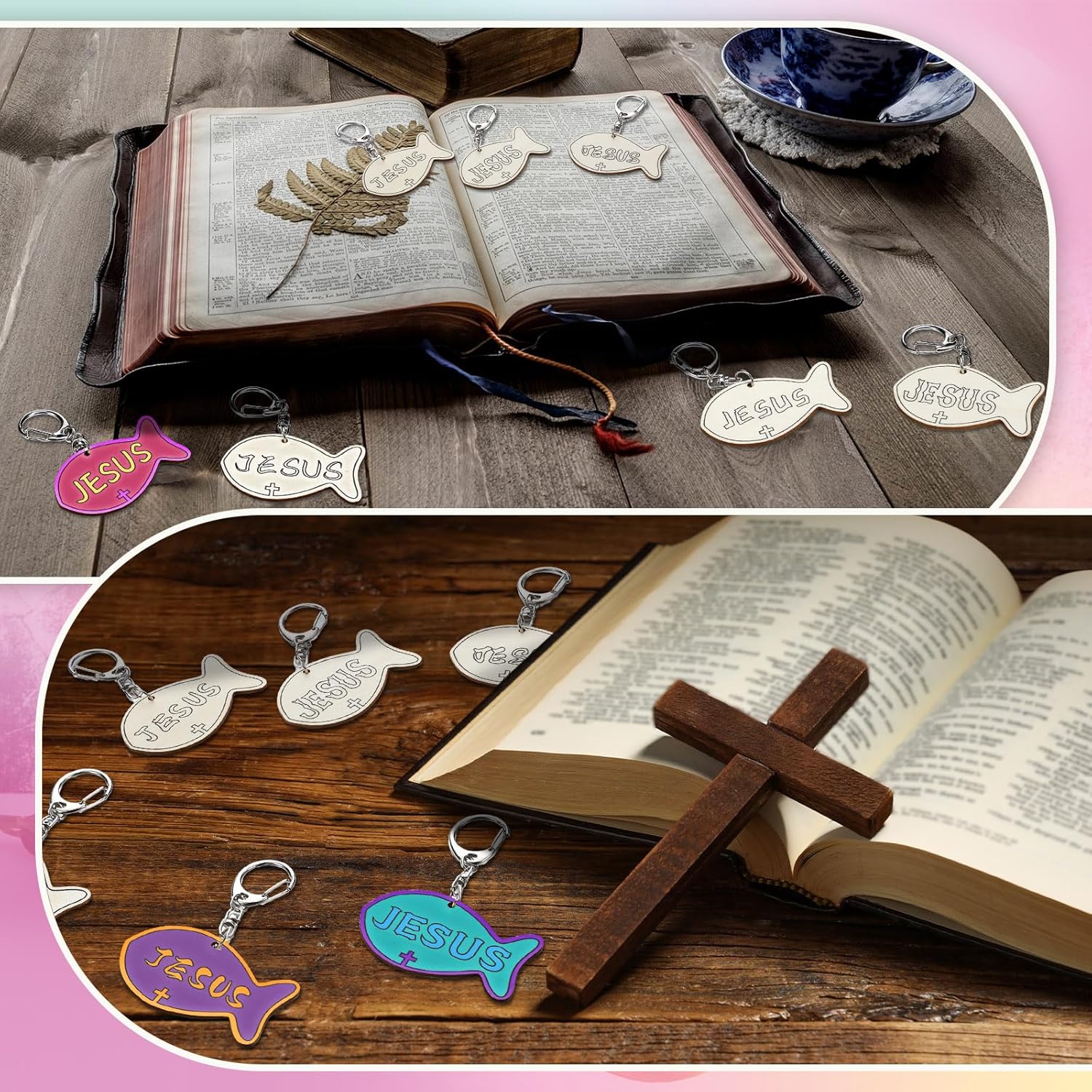 24 Pcs Sunday School Crafts DIY Faith Fish Keychain Religious Easter Wooden Crafts Color Your Own Jesus Fish Keychain Christian Keyrings Craft for Easter Sunday School Vbs Classroom Activities - Image 5