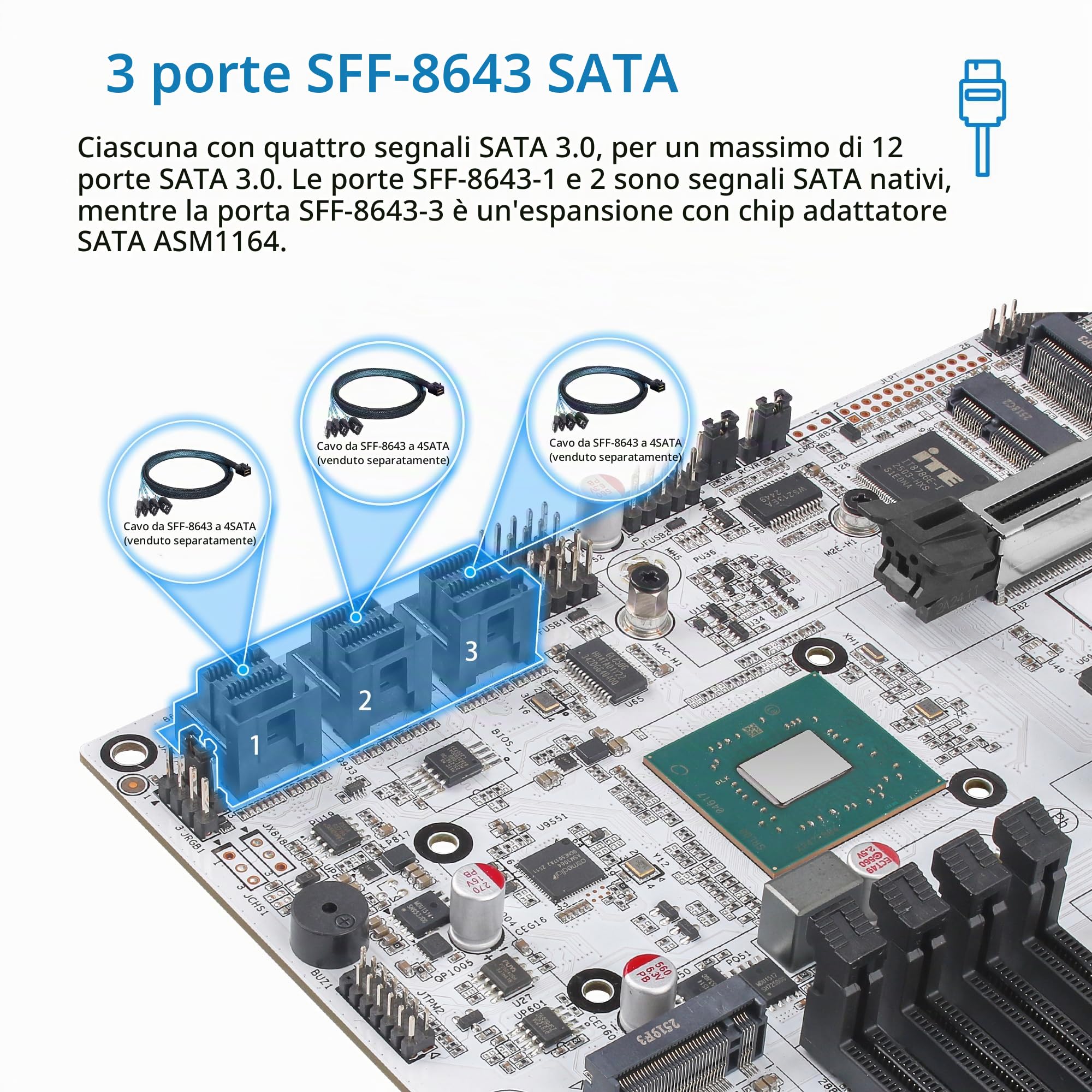 CWWK W680 NAS Motherboard Micro ATX 12 Bay, LGA 1700 mATX Scheda madre Bianco con 10GbE&2 * 2.5GbE LAN, 4 x DDR5 Desktop RAM (ECC), 3 x NVMe, PCIe5.0 x16, vPro (3x 4-SATA Cable)