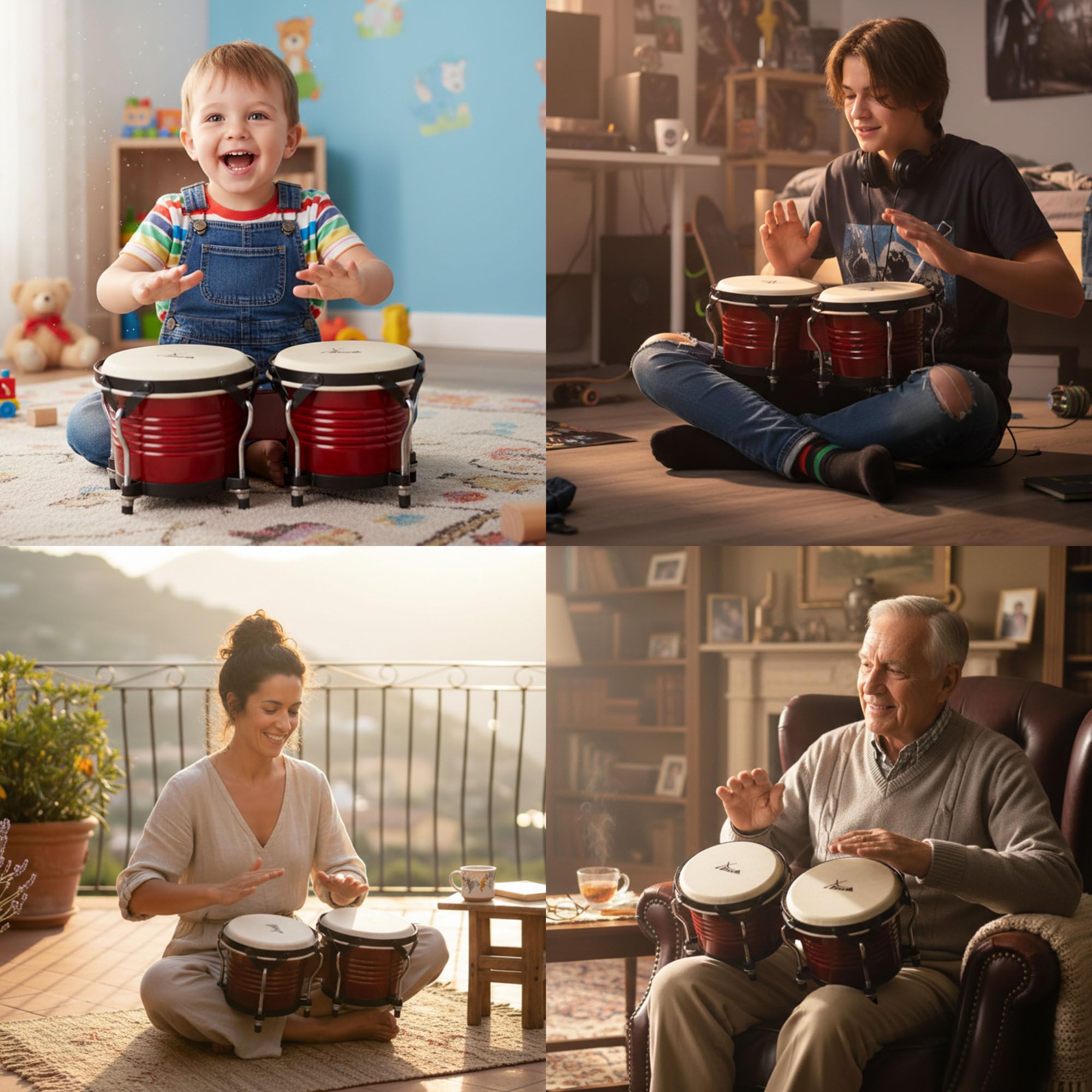 XDrum Bongos Pro Tobacco - 2 Tamburi con diametro 6,5" (17 cm) e 7,5" (20 cm) - Bonghi con pelli naturali accordabili, chiave di accordatura e supporto - Tamburi in legno marrone