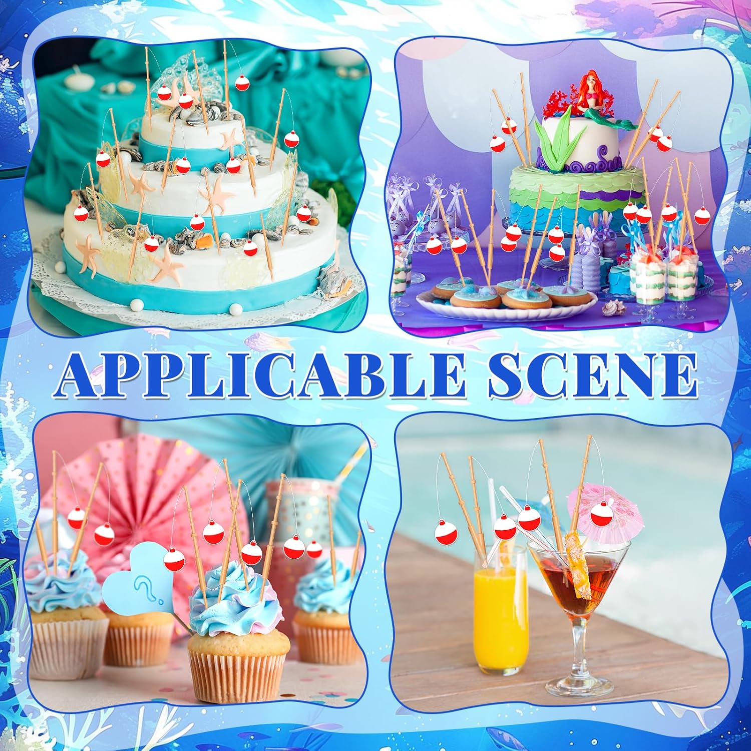 24Pcs Gone Fishing Birthday Party Cupcake Pole Picks Mini Fishing Rod Fish Float Appetizer Pick Cake Topper Decor for Cake Topper Birthday Party Drink Cakes Decoration Fish Themed Parties Supplies