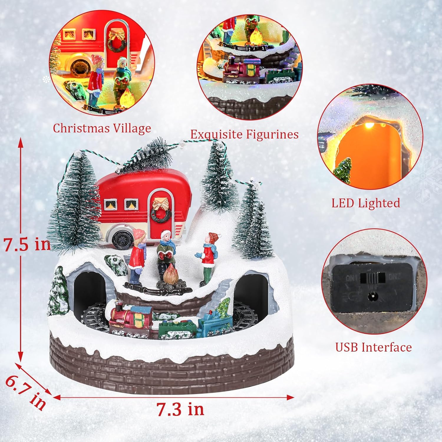 VCUTEKA Christmas Village Houses, Camper with Kids Campfire and Rotating Train Lighted Musical Christmas Village Collectible Building for Xmas Indoor Decorations or Holiday Table Displays