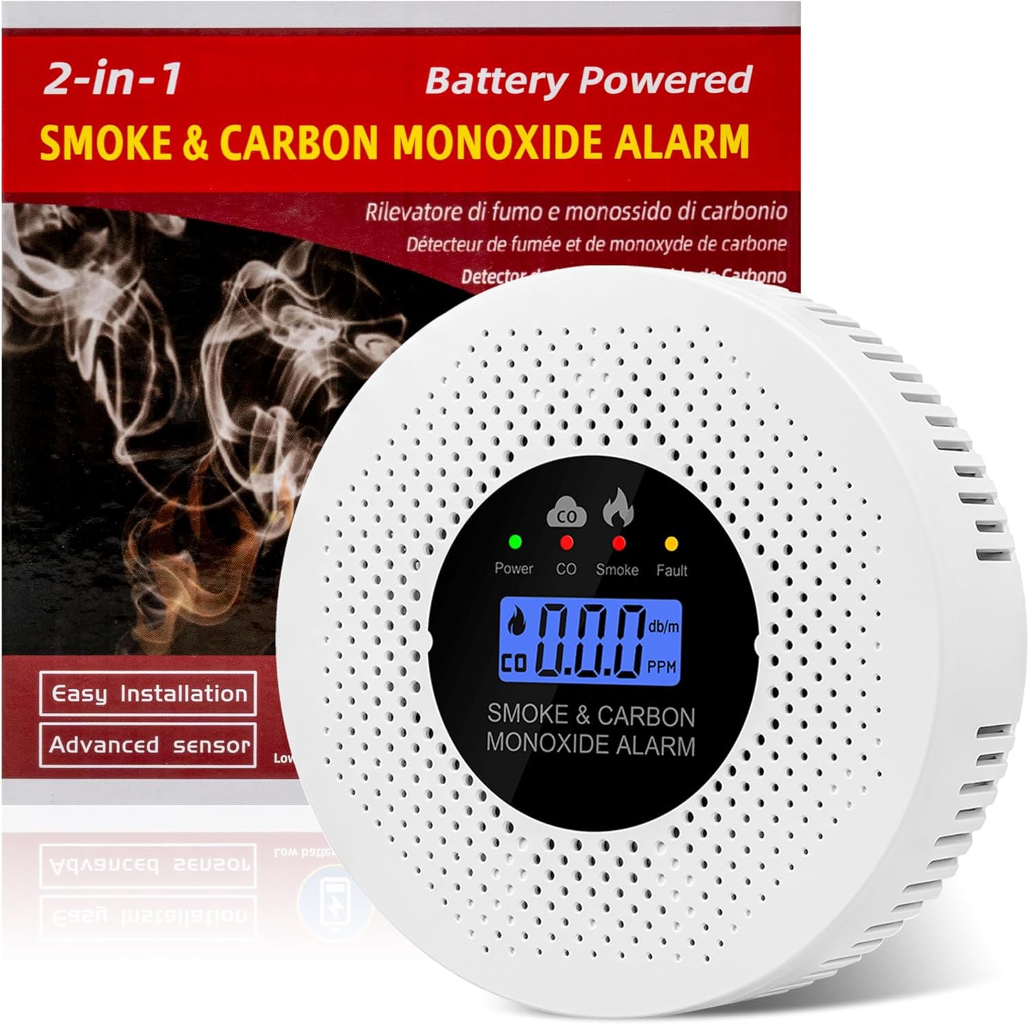 Smoke and Carbon Monoxide Detector - Battery Powered Monoxide Alarm with Dual Sensor and Digital Display, Portable Fire and CO Warning Light Indicators for Kitchen Home (No Battery) 2 Pack
