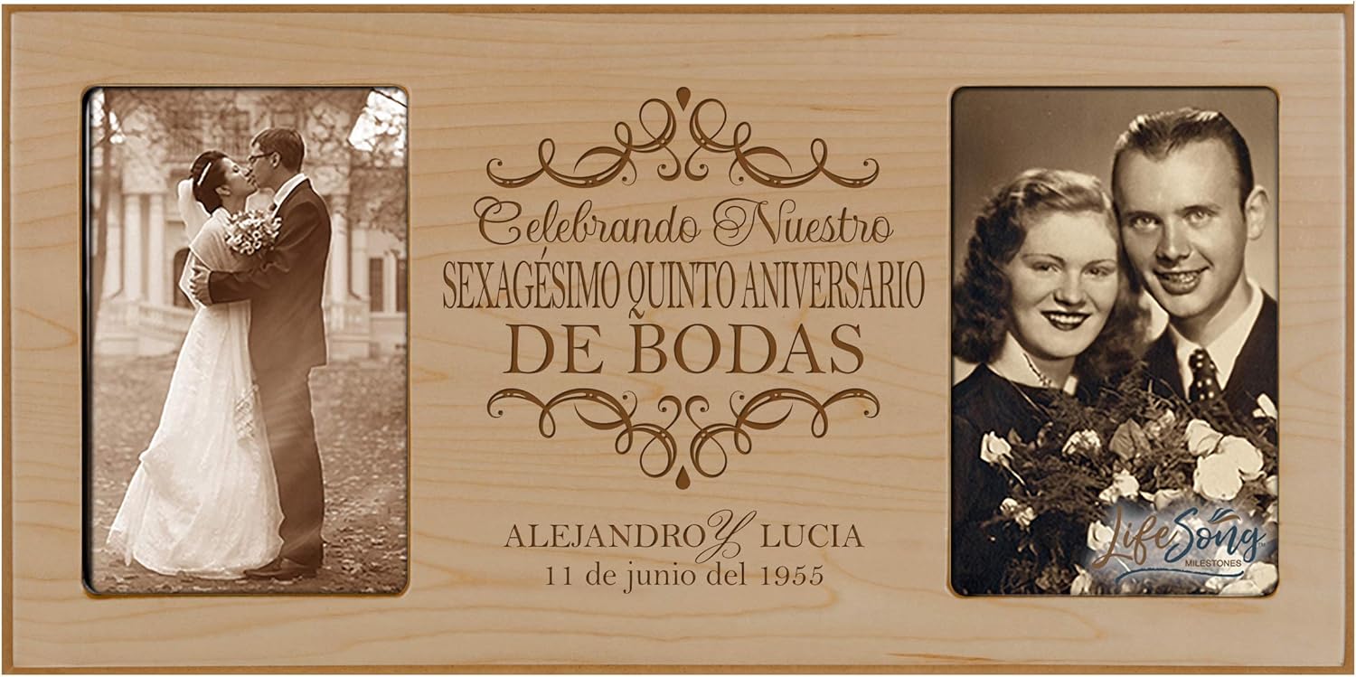 LifeSong Milestones Personalized 65th Anniversary Picture Frame Marriage Keepsake Gift with Spanish Verse - Sixty Five Years Wedding Gift for Parents Husband Wife Him Her Holds 2-4x6 Photo (Ivory)