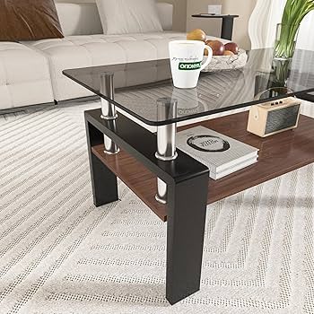 Amazon.co.jp: モダン長方形コーヒーテーブル 強化ガラス天板+