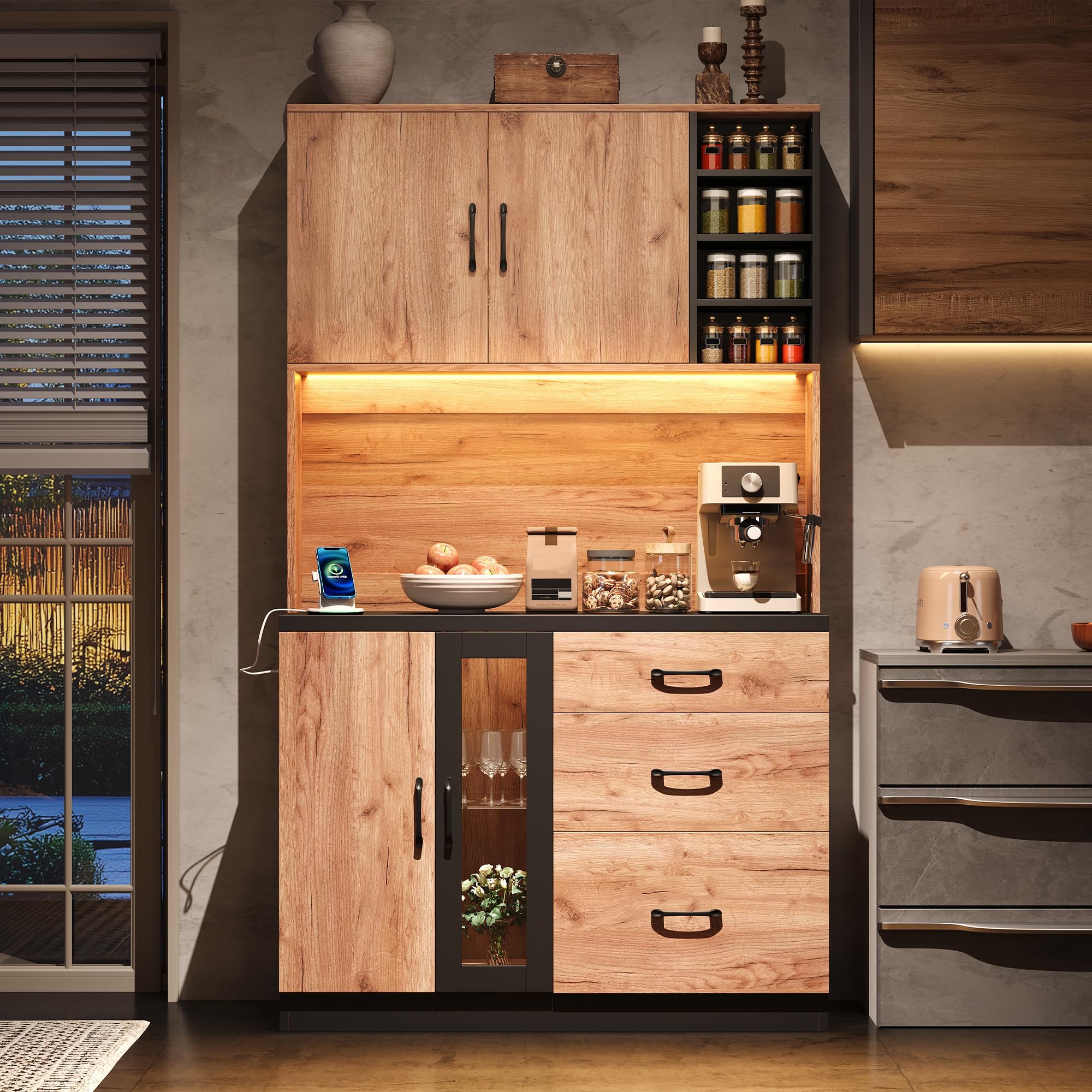 Mobile moderno da cucina, 105 × 38,3 × 180 cm, nero + effetto legno, ripiani regolabili, adatto per cucina, sala da pranzo, soggiorno