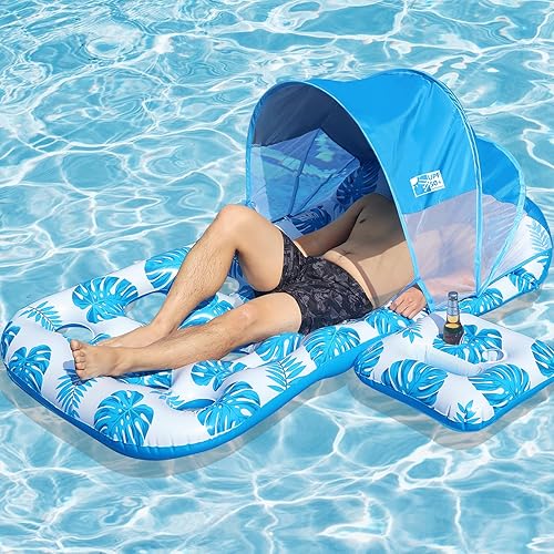 Flotador inflable para piscina con toldo de sombrilla UPF 50+, flotador extra grande para adultos con reposacabezas, portavasos