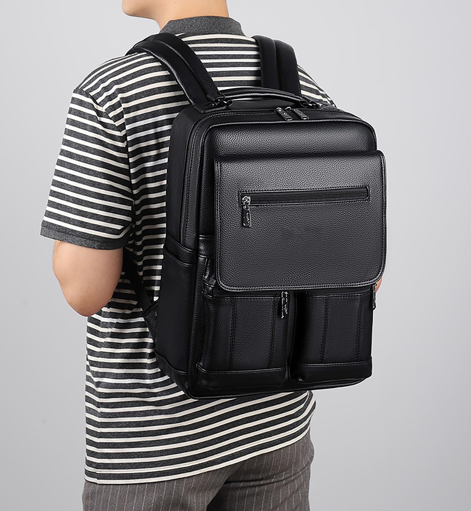 Mochila de cuero de la PU de los hombres, mochila casual de gran capacidad para computadora negra para viajes de ocio de oficina de la escuela de negocios