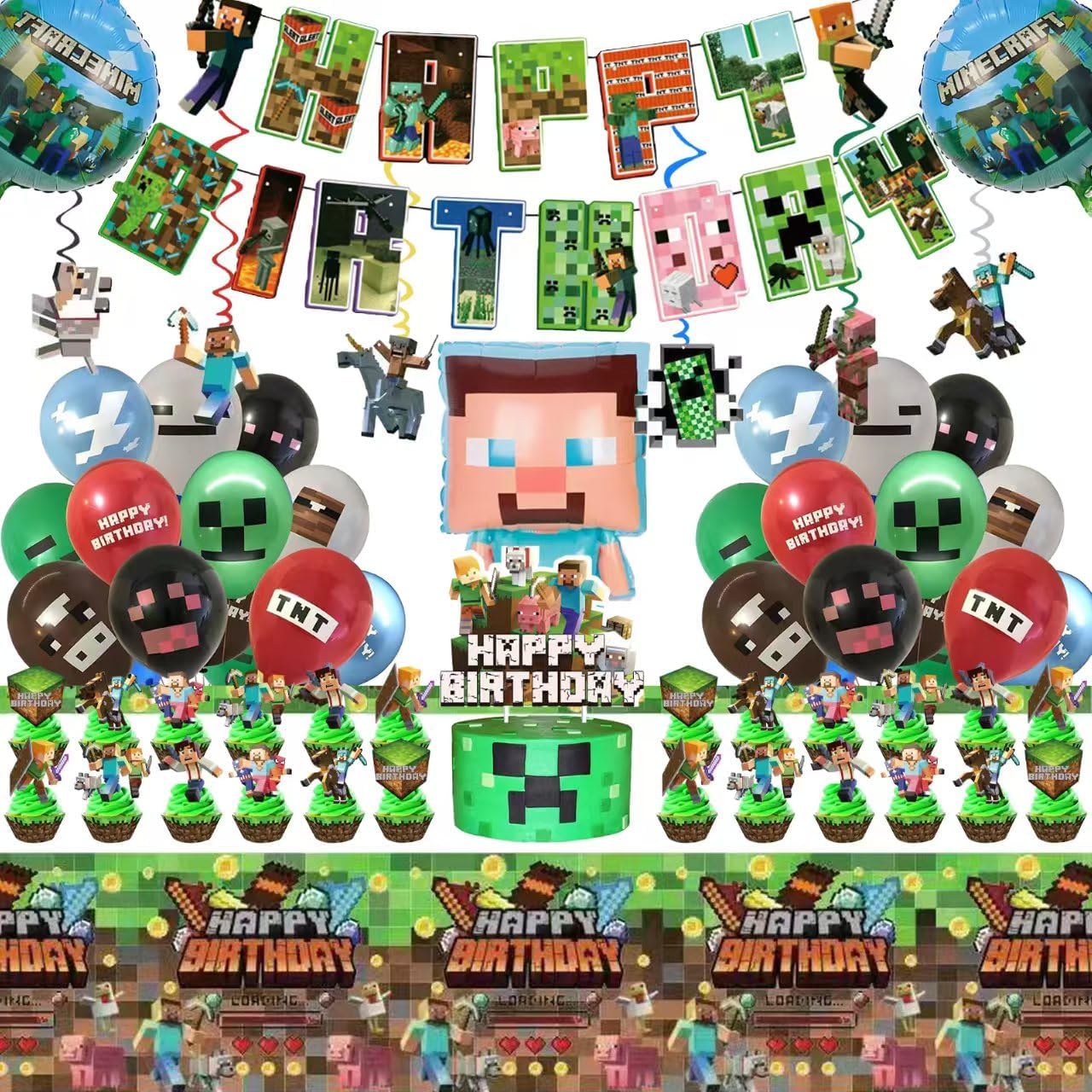 54Pcs Minecra_ft Pixel Birthday Decorations, Pixel Balloons Party Supplies Include Birthday Banner Cake tablecloth Toppers Latex Balloons Ribbons.
