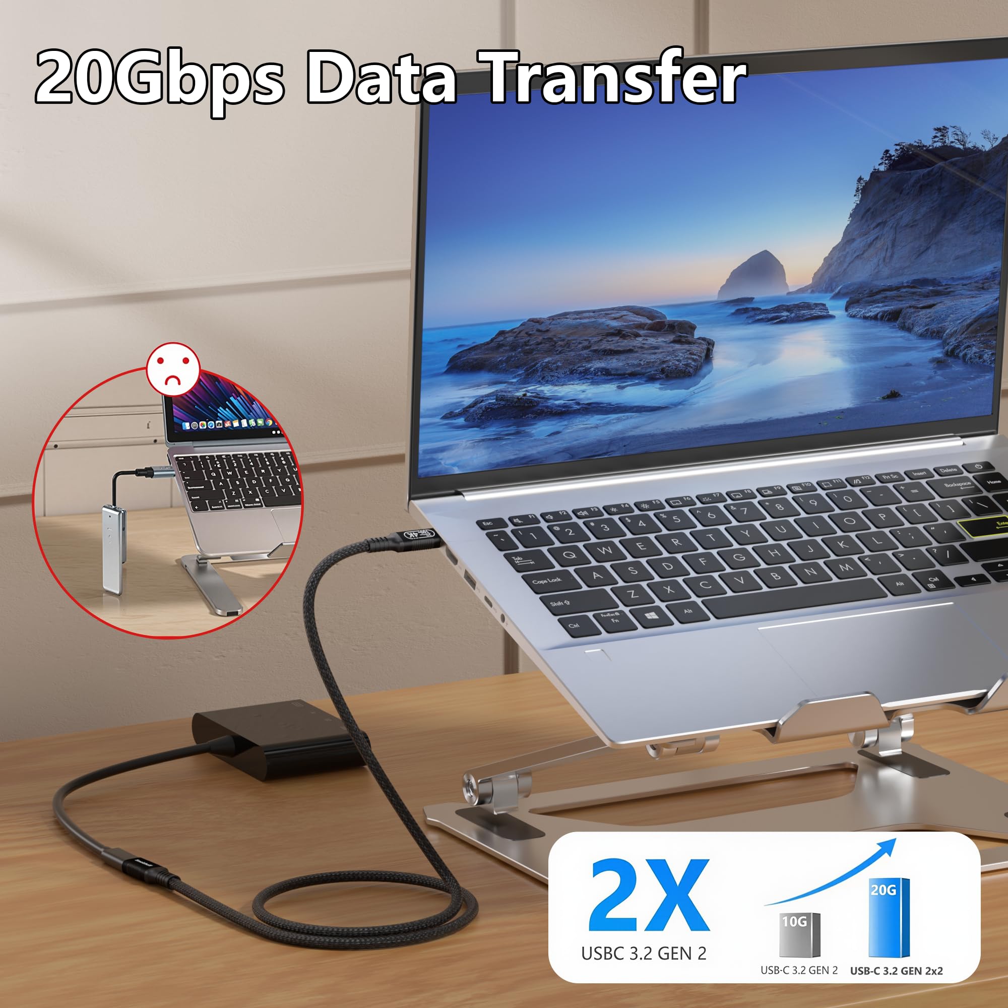 Câble d'extension USB C de 6 m, transfert de données extra long de 20 Gbit/s, charge de 100 W, vidéo 4K @ 60 Hz, cordon d'extension mâle vers femelle en nylon tressé pour ordinateur portable, tablette