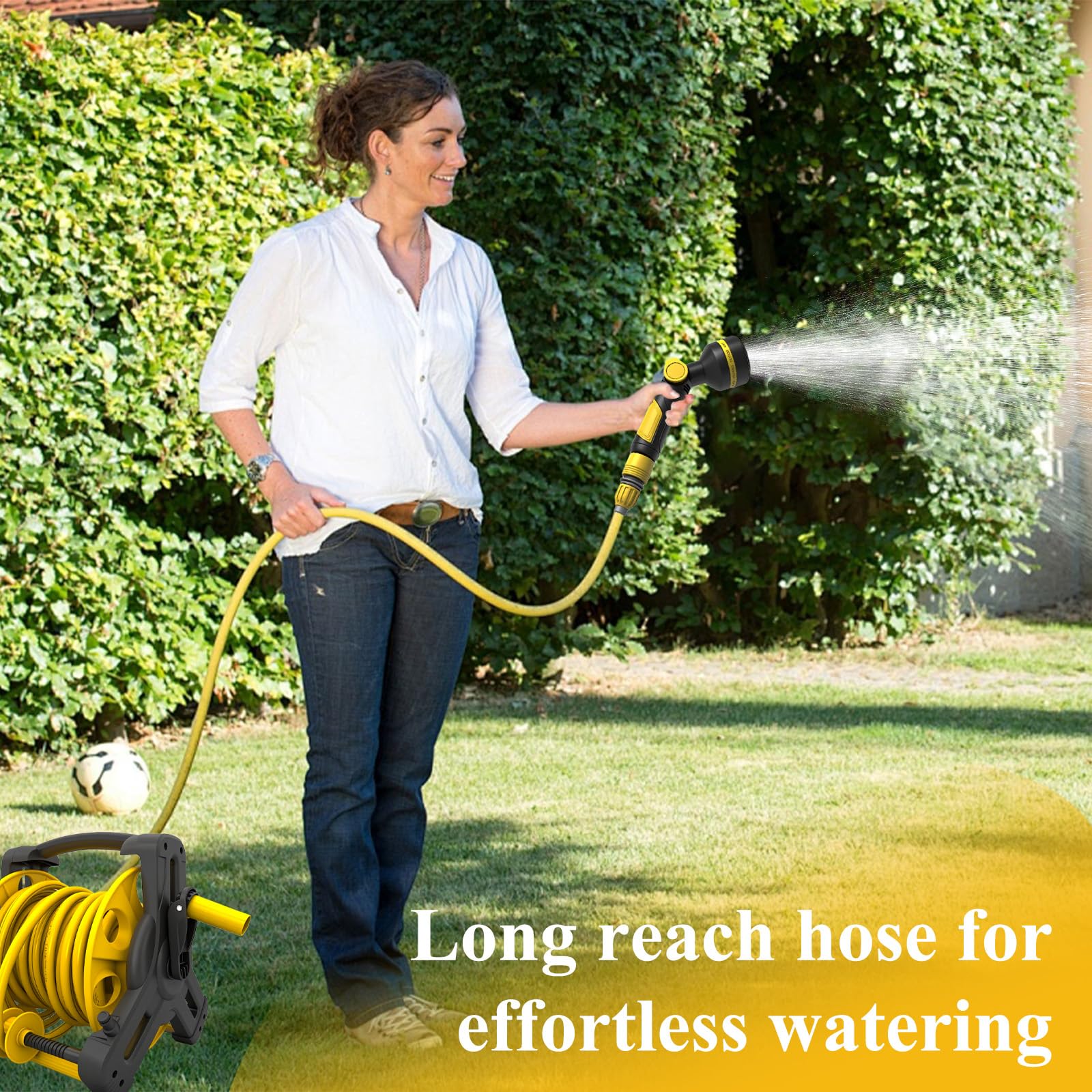 Carrello Portatubo Giardino 15M con Pistola Irrigatrice, Tubo dell'Acqua Multifunzione, Supporto Mobile con Ruote per Giardinaggio, Lavaggio Auto e Pulizia Esterna