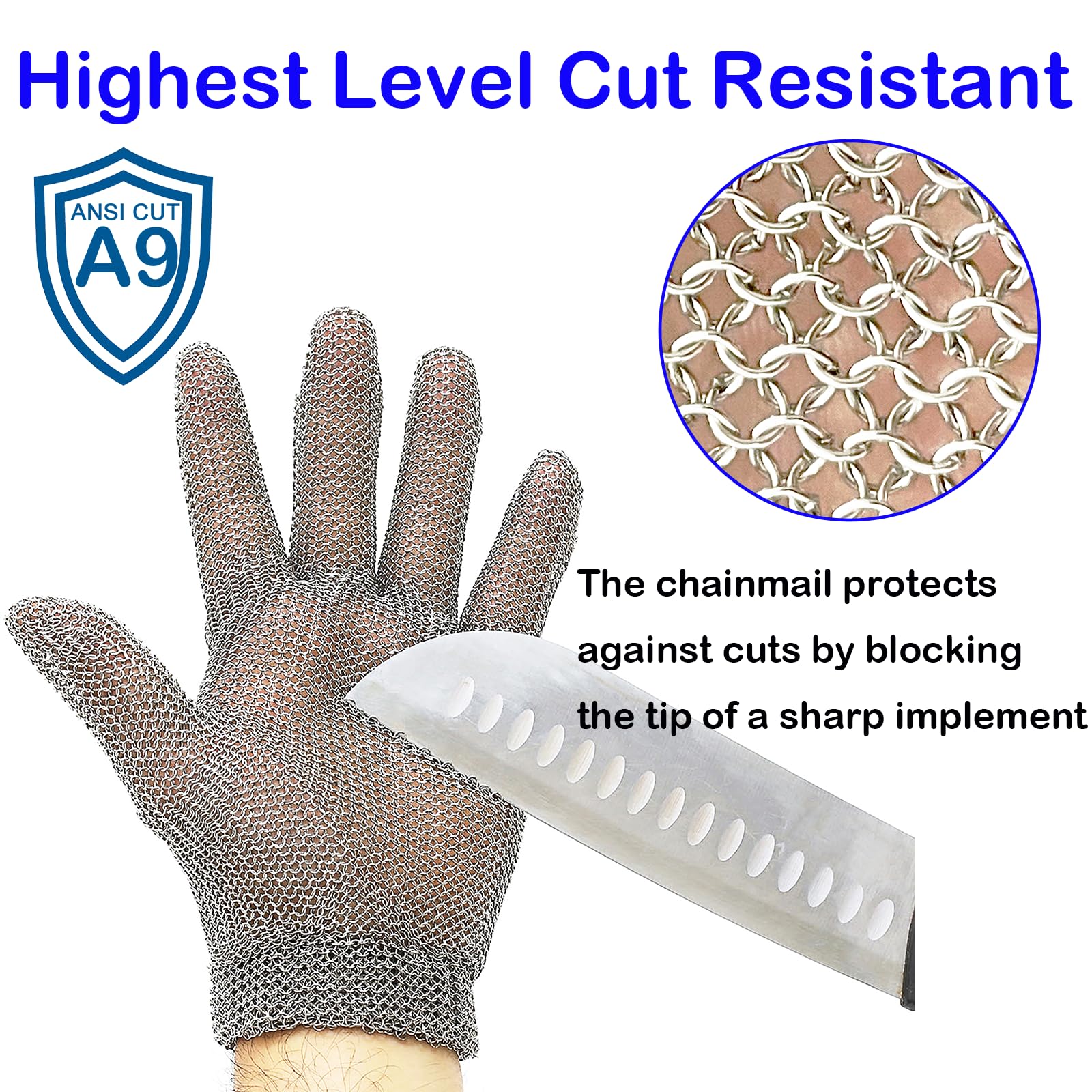 Guante de malla de malla para cortar, resistente al corte del más alto nivel, pulsera de resorte, guante de malla de metal de acero inoxidable, guantes de carnicero para cortar carne, procesamiento de