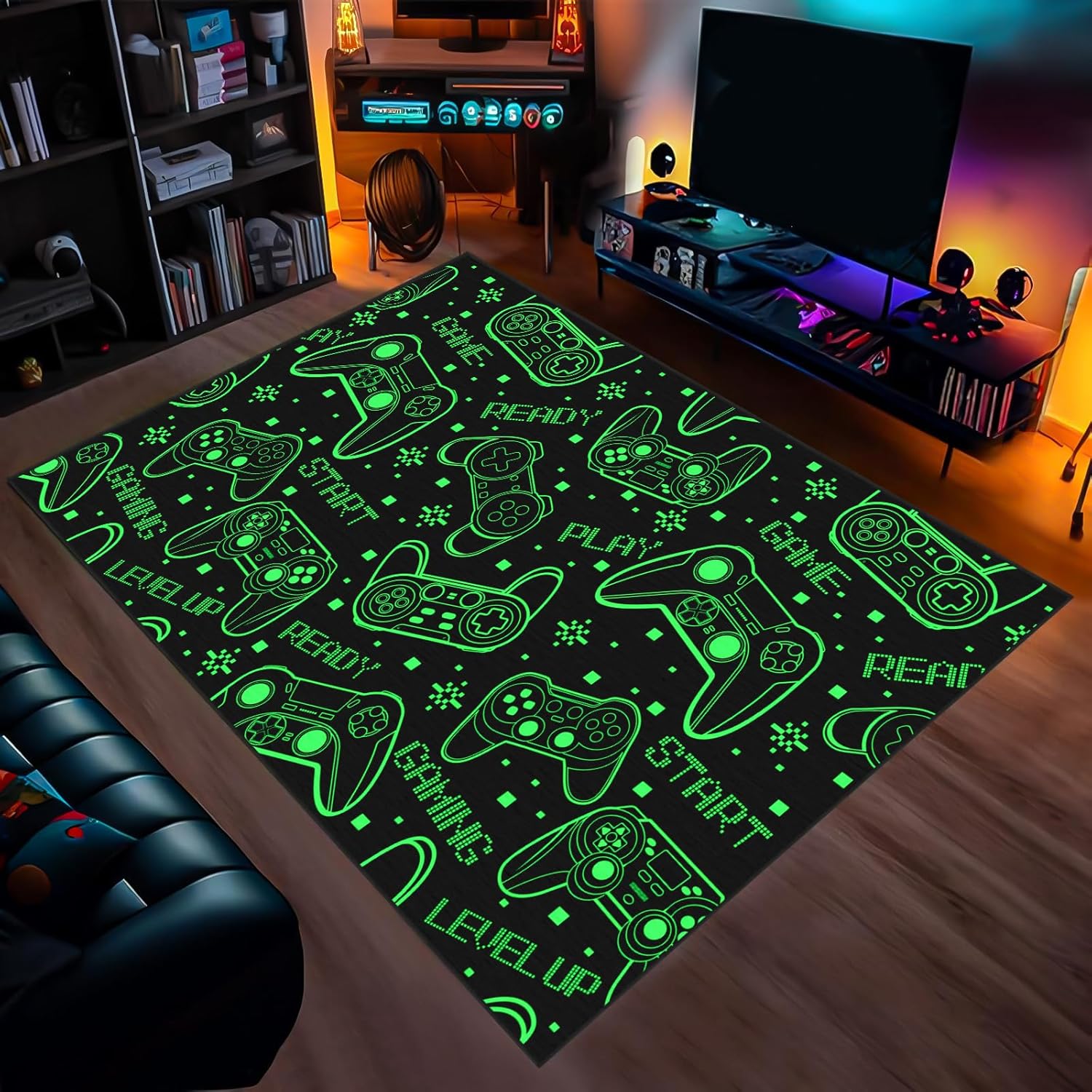 Blacklight Gaming Rug for Living Room Large Area Rug 47"x71" Fluorescent Green Gamer Rug for Boys Teen Room Decor Cool Game Controller Area Carpet for Bedroom Game Room Playroom Apt Dorm