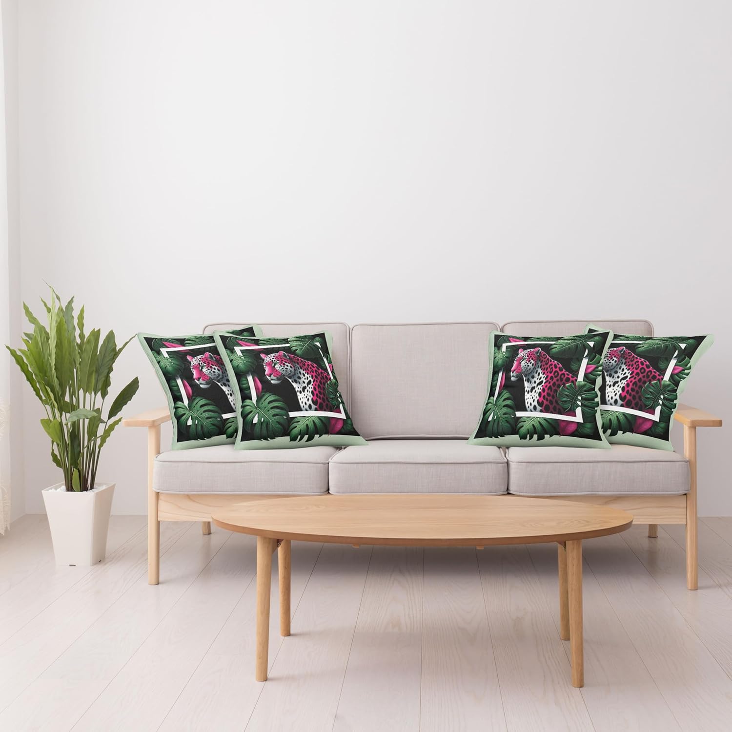 Ambesonne Leopard Decorative Throw Pillow Case Pack of 4, Tropical Jungle Frame of Abstract Colored Wild Cat Monstera Leaves, Cushion Cover for Couch Living Room Car, 20", Emerald Magenta and Black