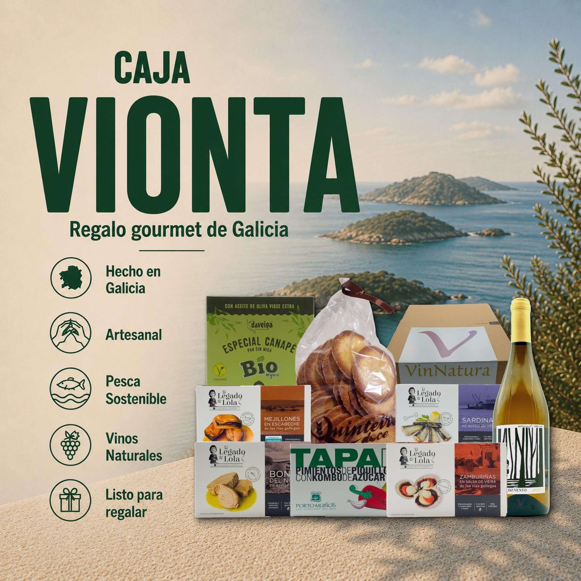 Caja Gourmet Vionta de VinNatura con Conservas Artesanales y Vino Godello | Regalo gourmet gallego, regalos de empresa, cesta con vino, elaboración tradicional, tarjeta personalizable