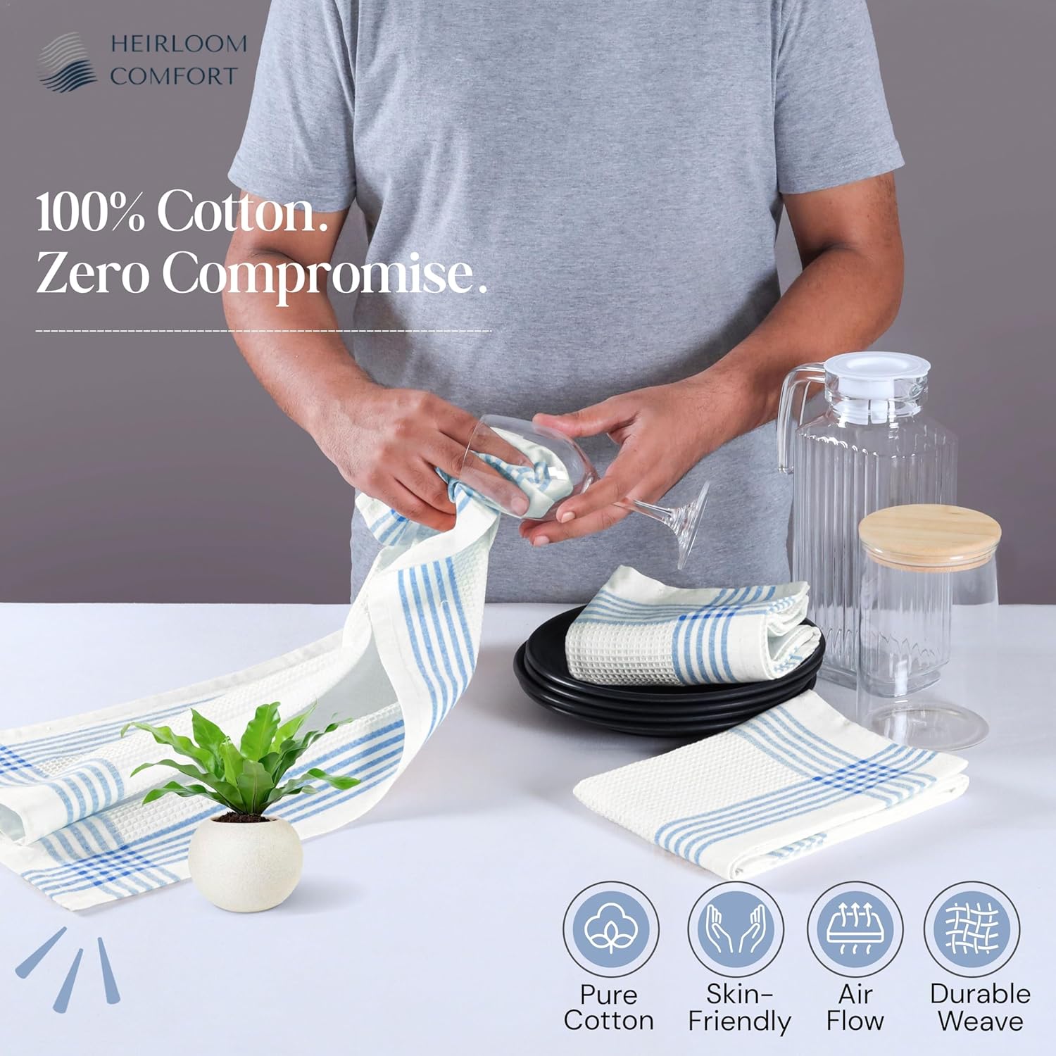 Sky Blue and White Cotton Kitchen Towels 12 Pack, 16x26 Inch, Waffle Weave, Quick Dry, Absorbent, Durable Dish Towels for Drying, Cleaning, Cooking, Daily Kitchen Use