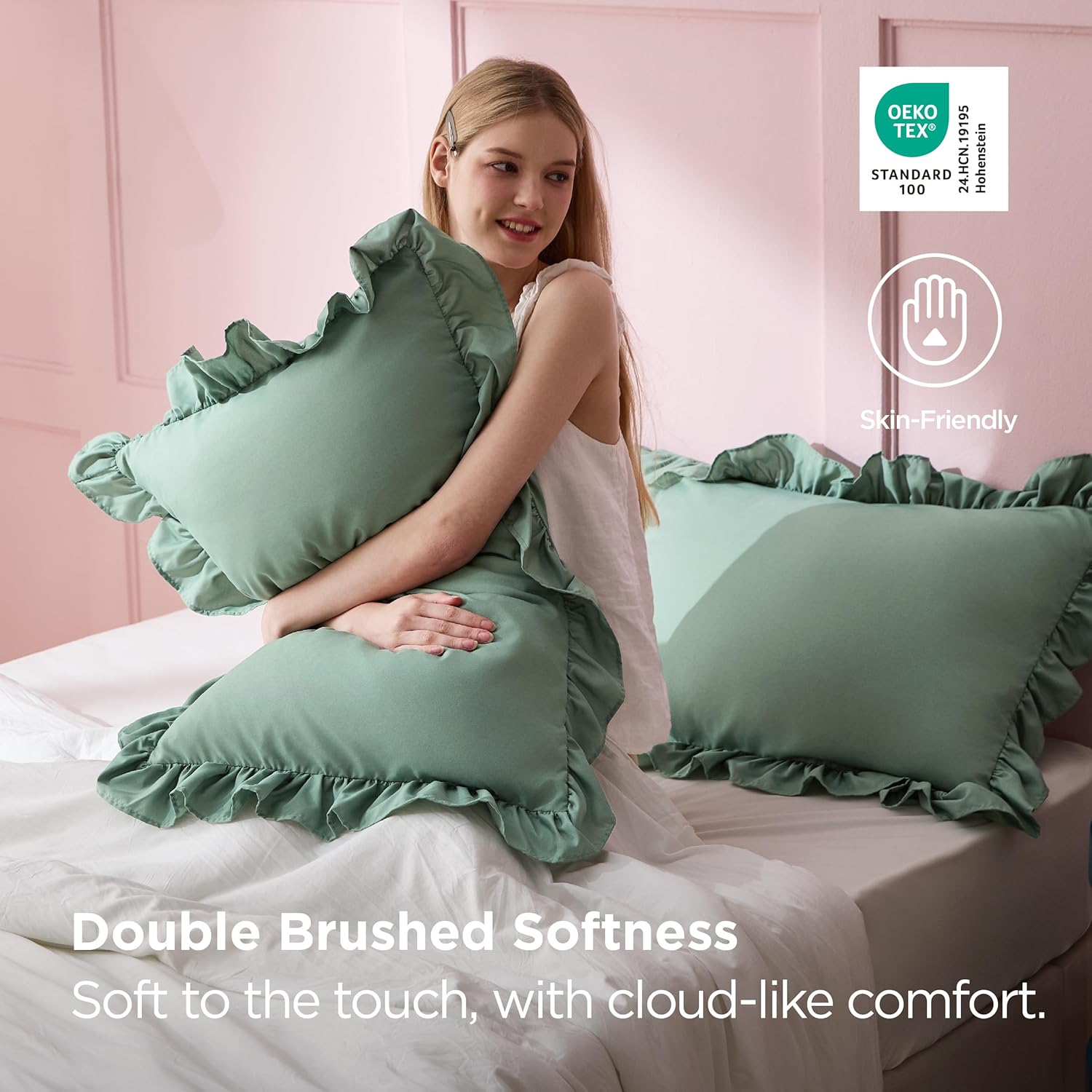 Bedsure Ruffle Pillow Cases, Pillow Shams Standard Size Set of 2, Double Brushed Microfiber, Decorative Ruffled Pillow Covers with Envelope Closure, Wrinkle Fade Resistant, 20" x 26", Iceberg Green