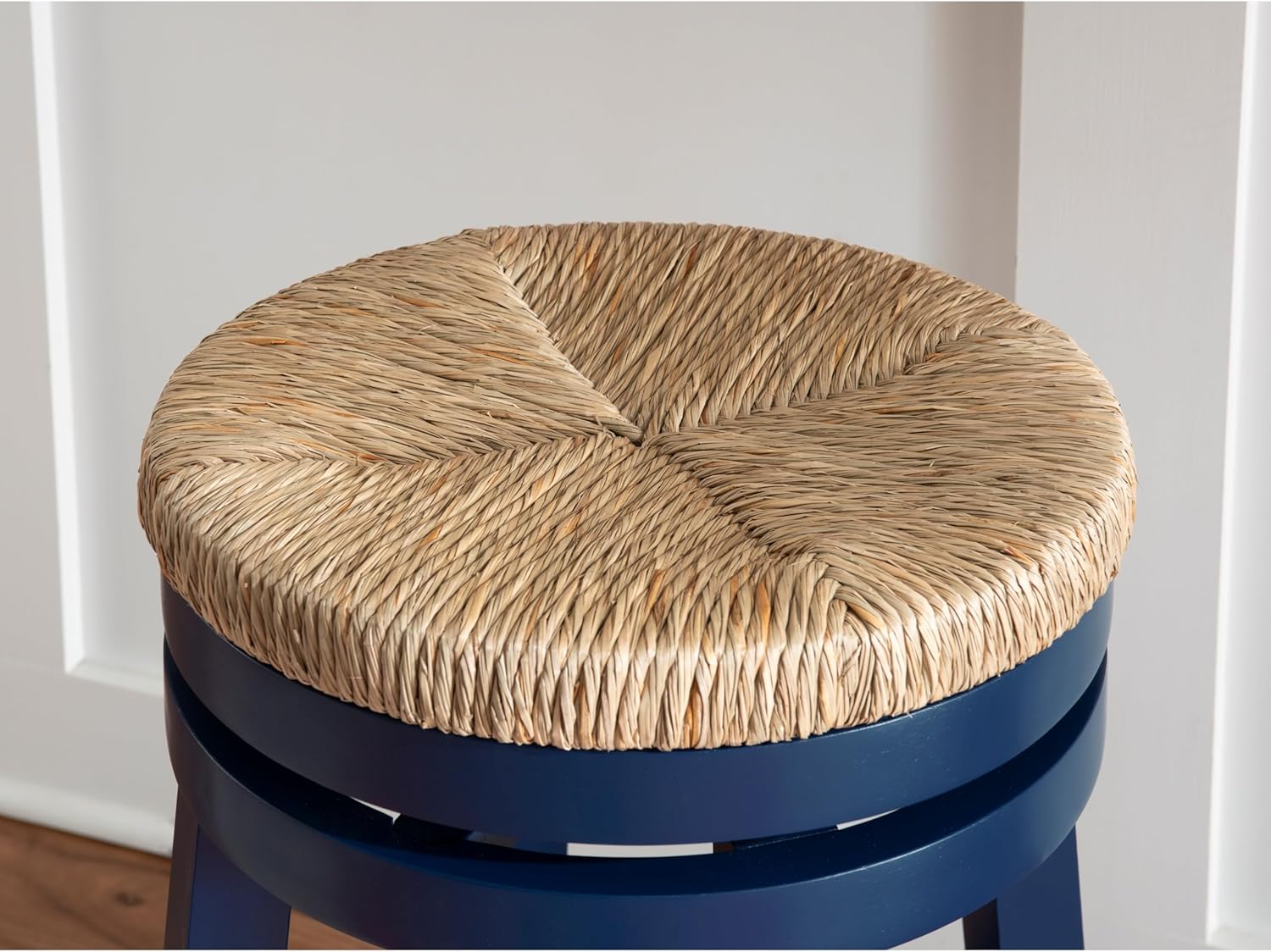 Powell Maya Backless Swivel Bar Stool with Seagrass Seat Navy Blue Painted Beach, Shabby Chic