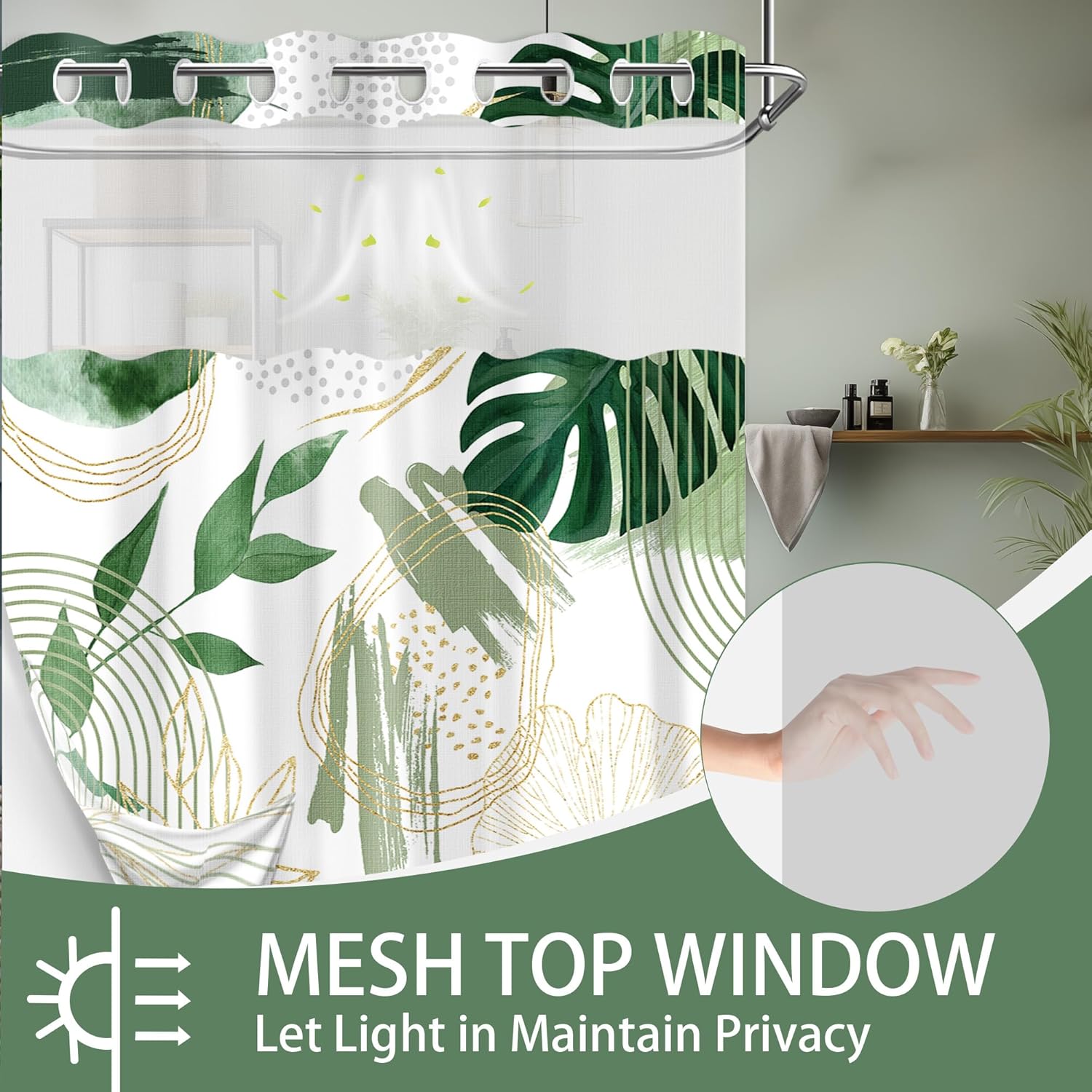 Sage Green Hookless Shower Curtain with Snap in Liner, White and Olive Green Leaf No Hook Double Layer Shower Curtain and Liner Set, Ringless with Window Waterproof Cloth Fabric, 60" W x 74" L