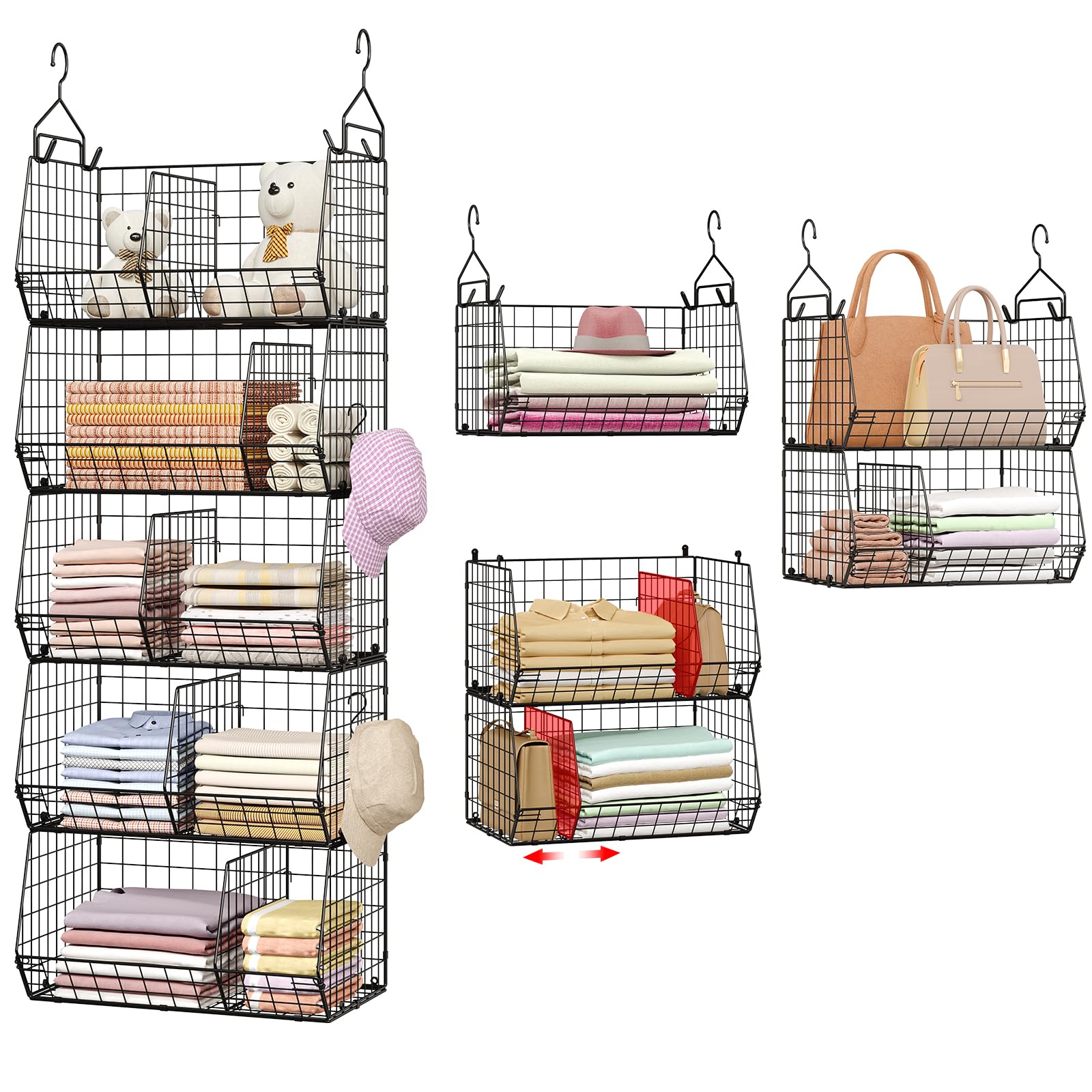 5 Tier Extra Large Closet Hanging Organizer with 5 Dividers,16.5"L x 11.8"W x 51.4"H Closet Organizers and Storage with 5 S Hooks,Clothes Organizer