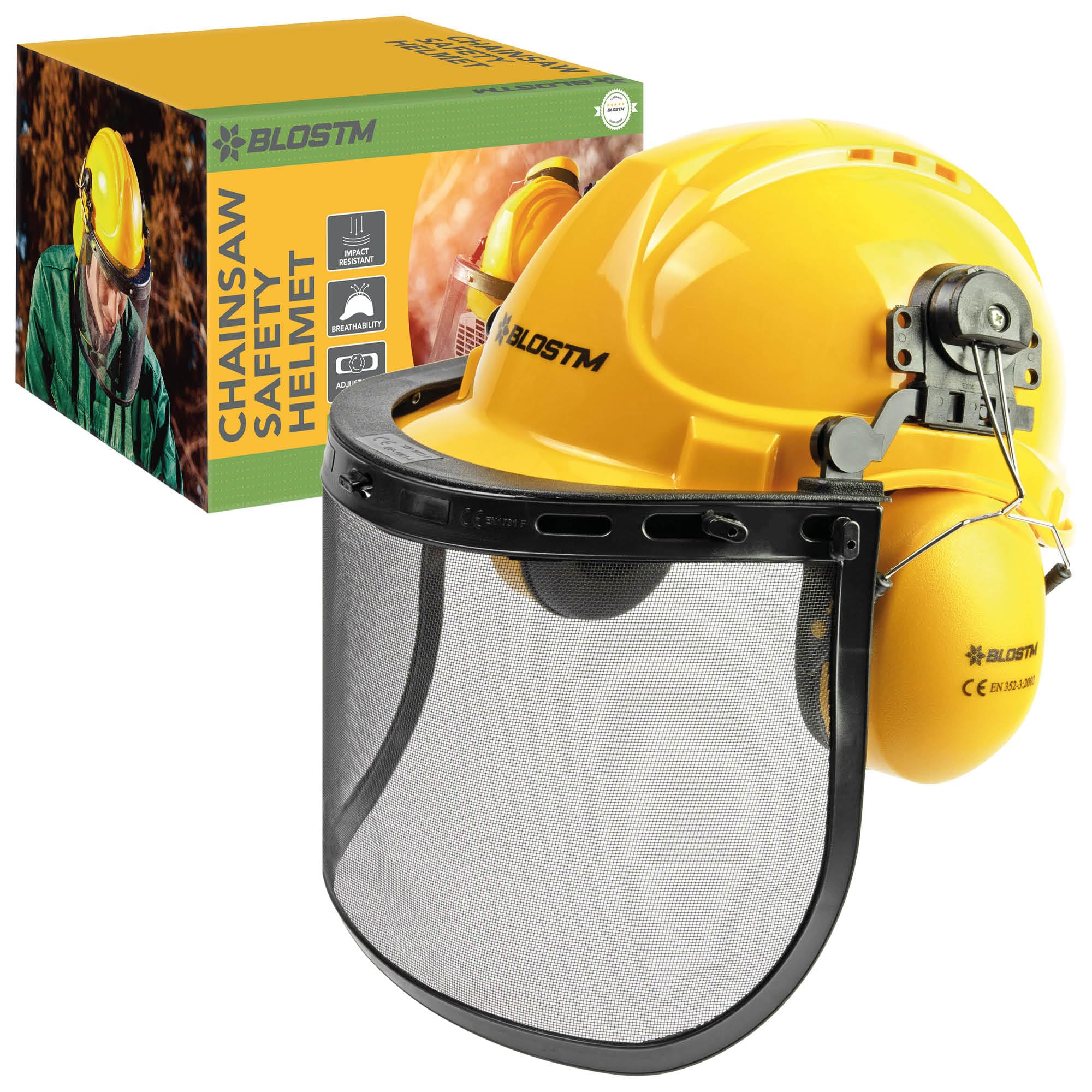 BLOSTM Casque de tronçonneuse jaune avec visière, casque de sécurité avec cache-oreilles intégrés et visière en maille d'acier