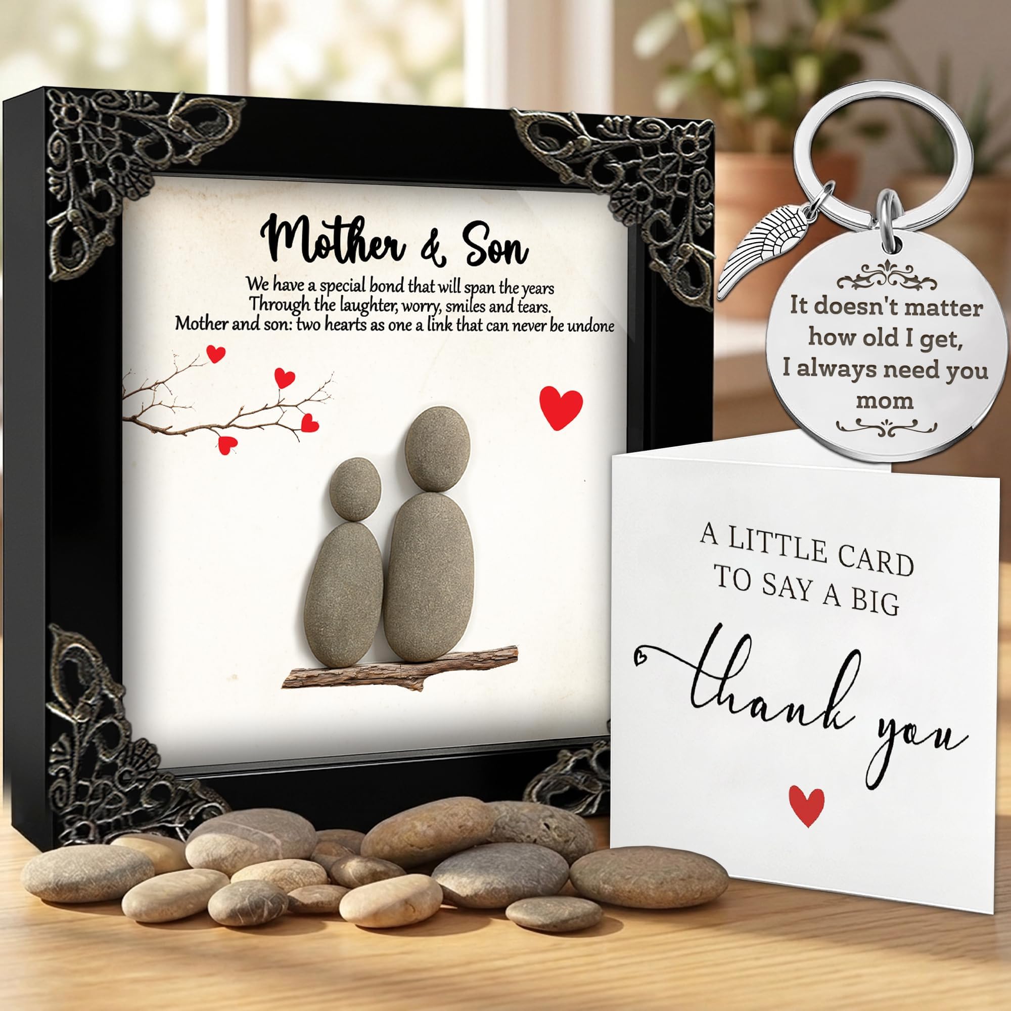 Mom Birthday Gifts from Son, 5.5" Pebble Art Frame Mother and Son Plaque, Mother Engraved Keychain for Women, Thank You Card, Best Mom Ever Gifts, Valentines Day Mothers Day Present S16-L