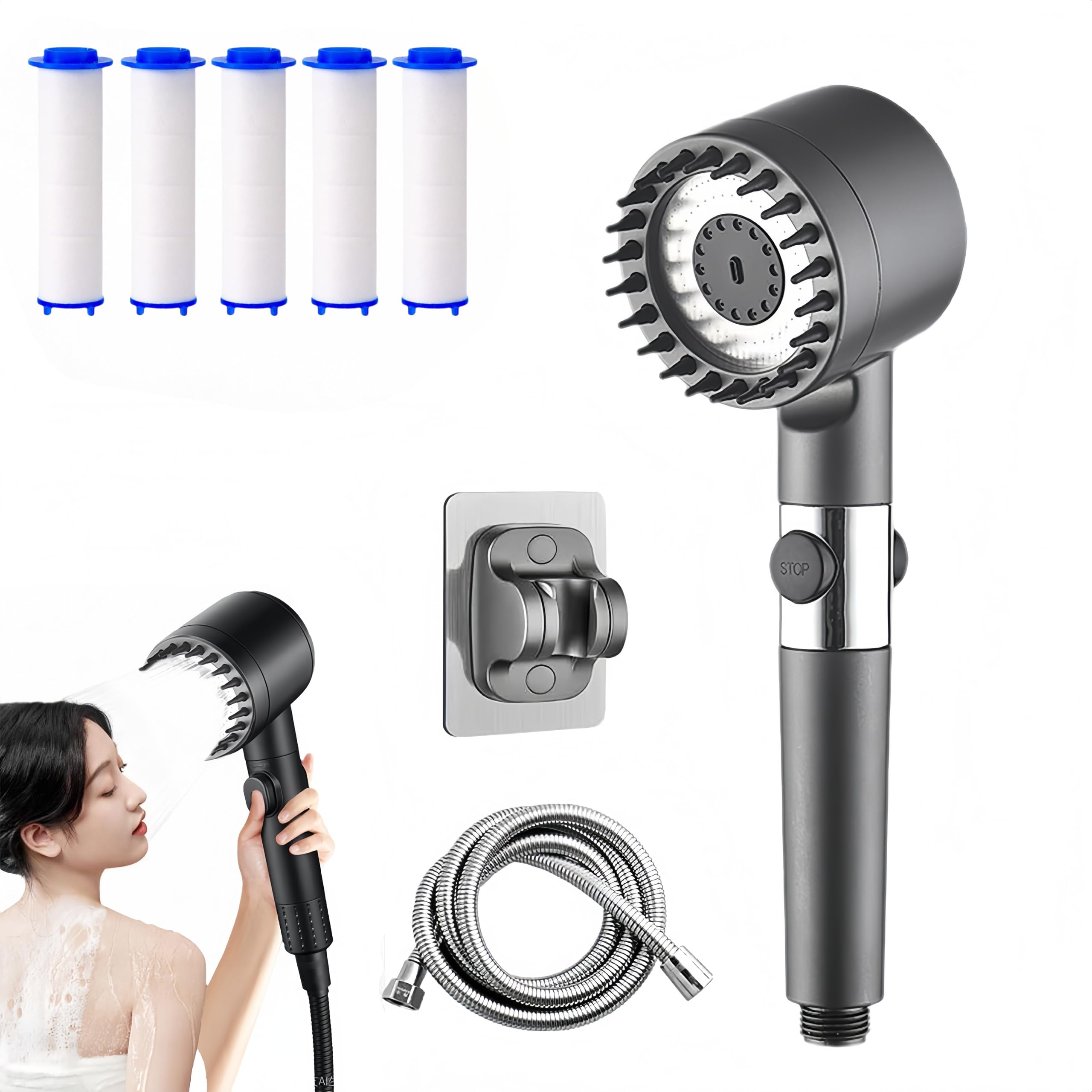 Ion Shower Drops Head Filtered Showerhead With Five Filters,Filtered Shower Head With Handheld,High Pressure Turbo Showerhead,Reusable,Adjustable Settings With Hose
