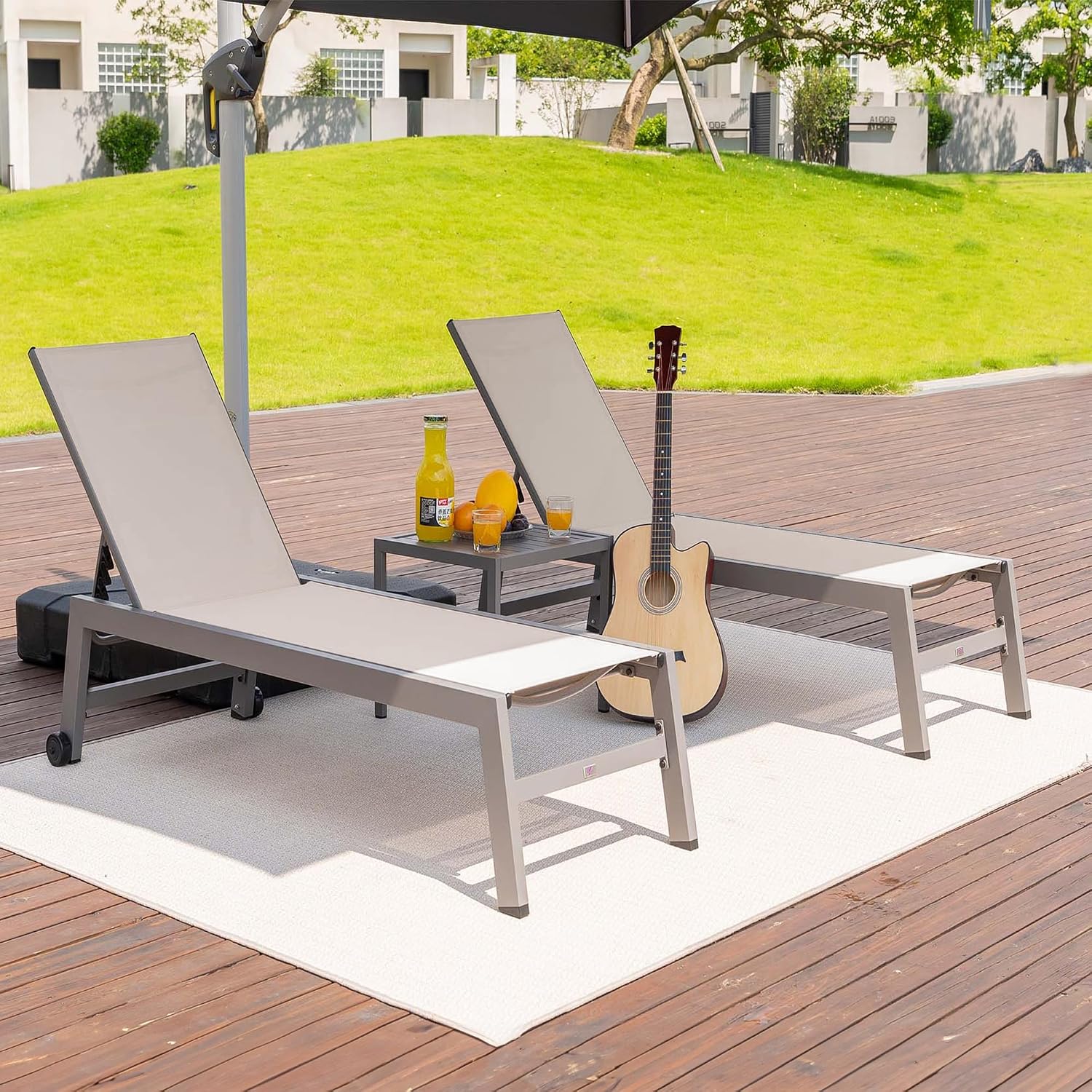 PURPLE LEAF 6-Piece Patio Chaise Lounge Outdoor Pool Lounge Chairs with Adjustable Backrest and Side Tables Aluminum Reclining Sunbathing Tanning Chair for Outside Poolside Yard Balcony, Khaki
