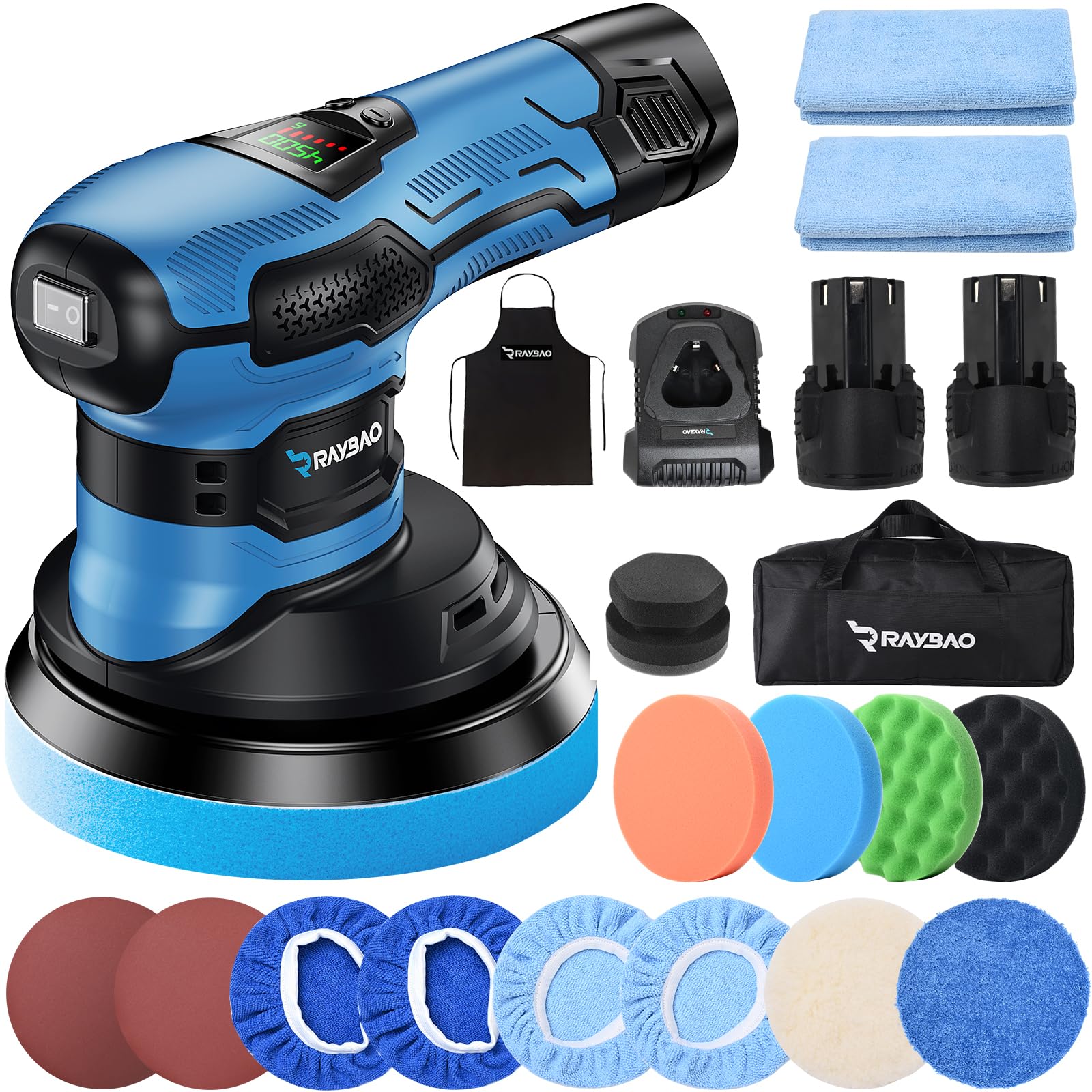 Cordless Polisher, Cordless Buffer Polisher with 2pcs 12V/2.0Ah Batteries, Random Orbital Polisher with LED Display, Variable Speed 2000-4500OPM, 6 Inchs Dual Action Polisher for Car Polishing