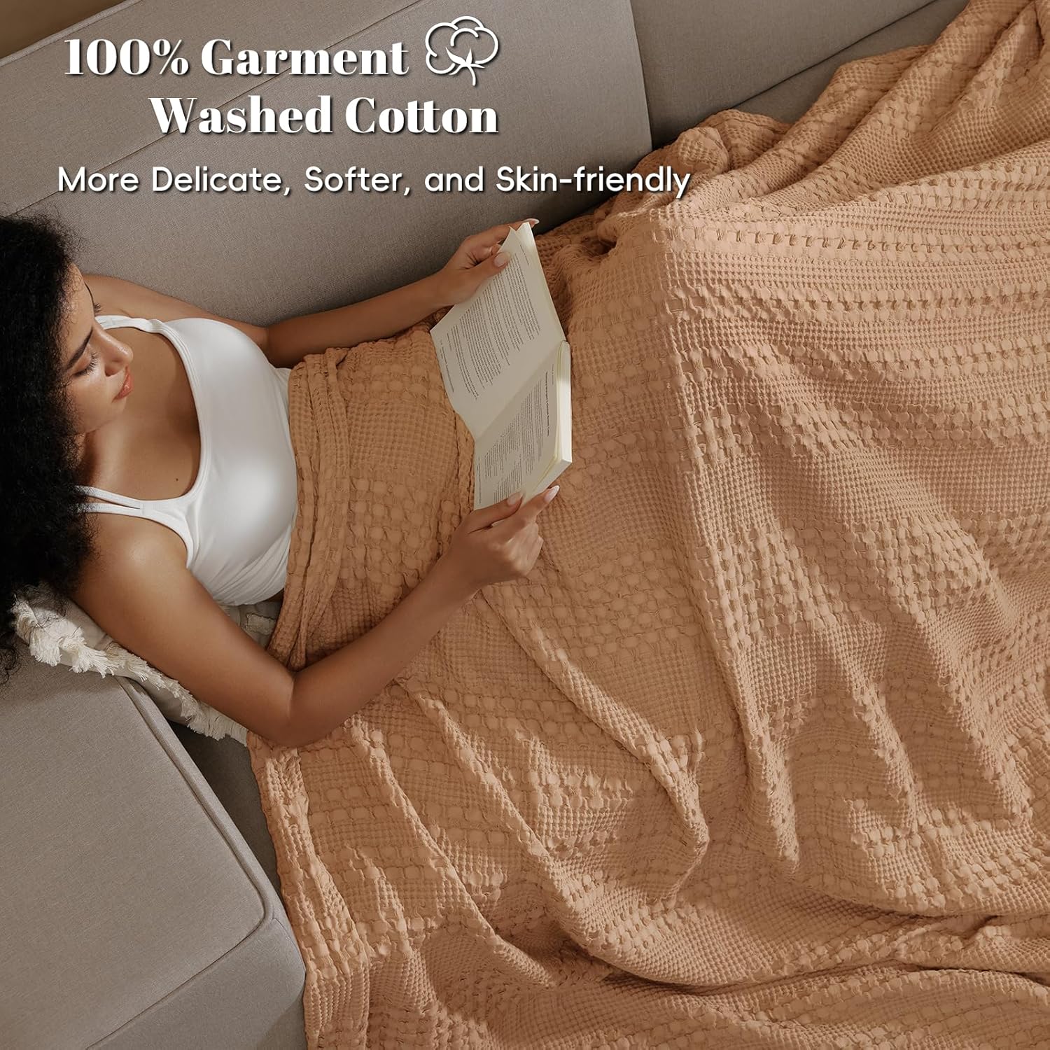 PHF 100% Cotton Waffle Weave Blanket Queen Size for Bed, Soft Lightweight & Breathable for Spring and Summer, All-Season Comfort, Luxury Aesthetic Blanket for Home Decor, 90"x90", Clay - Image 2