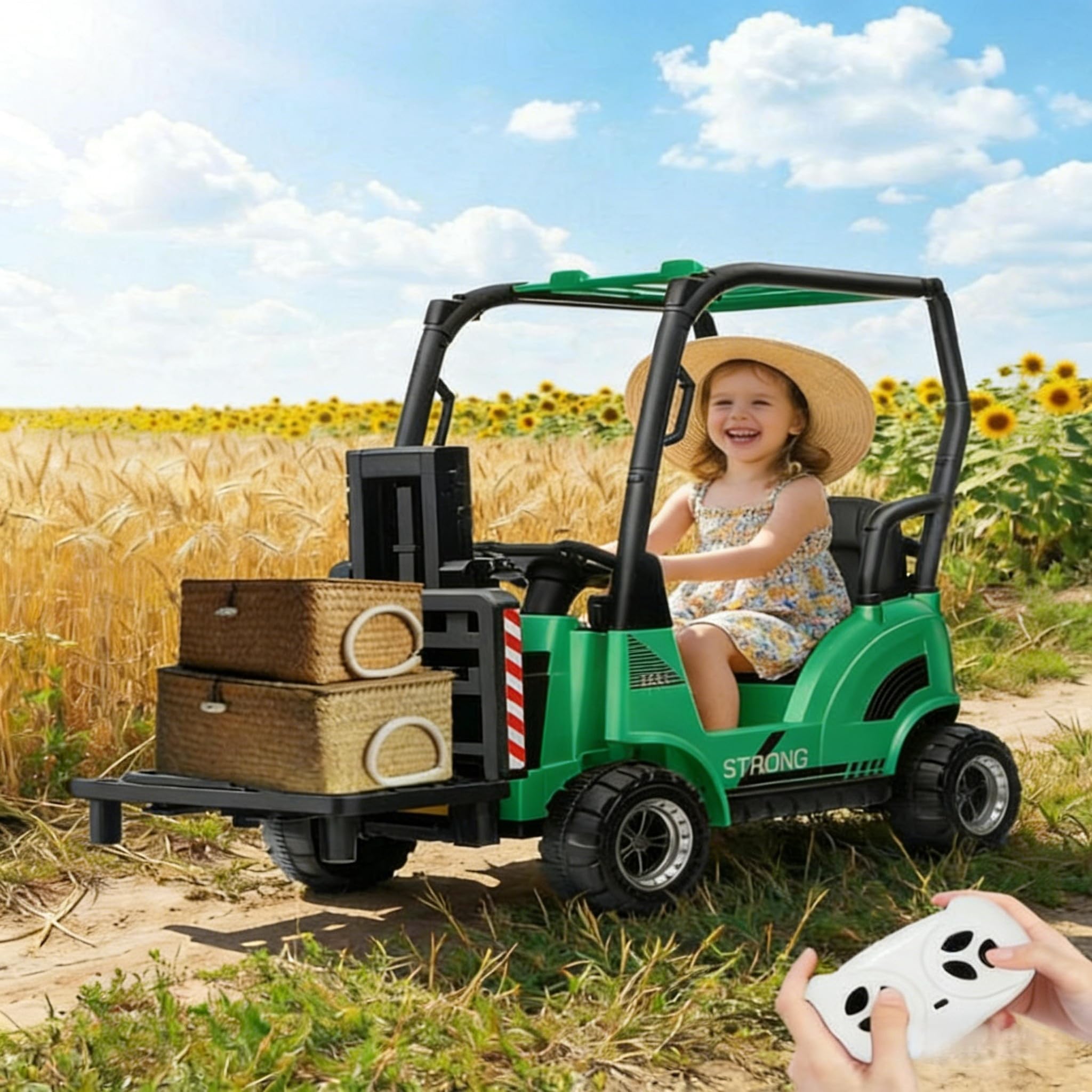 12V Voiture Électrique Enfant Chariot Élévateur avec Tente – Jouet De Construction à Fourche Réglable Et Palette – Idéal Intérieur Et Extérieur – Cadeau Fille Garçon Dès 3 Ans