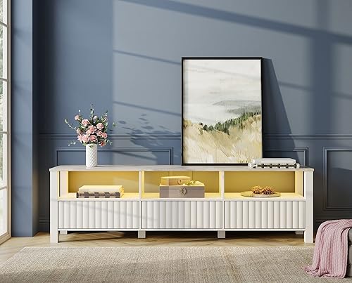 WAMPAT Soporte de TV para TV de 75 pulgadas con luz LED amarilla centro de entretenimiento de madera con armario de almacenamiento y mesa única de