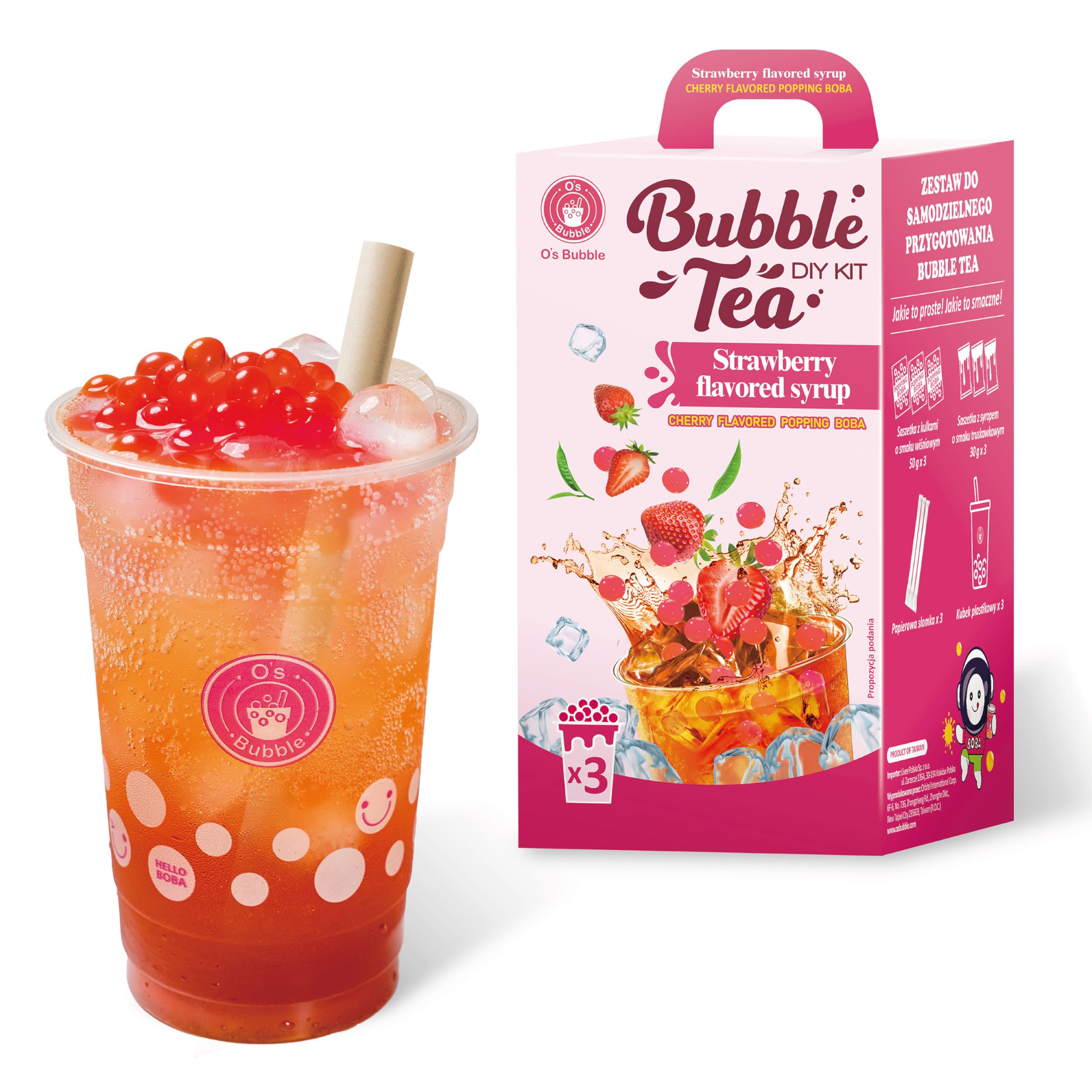 O’s Bubble Popping Boba – DIY Bubble Tea Set für Zuhause, 3 Portionen (Erdbeer-Grüntee mit Kirsch)