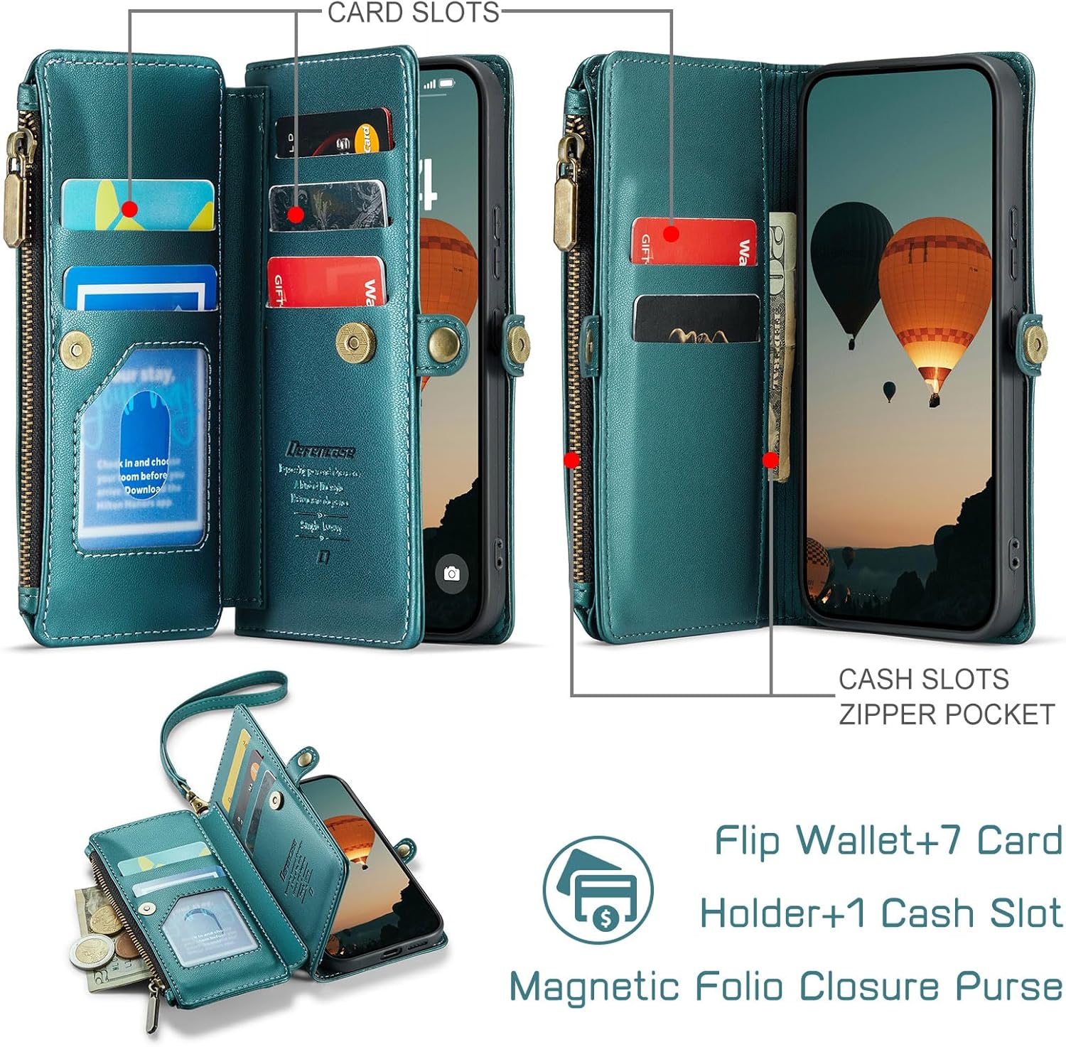 Defencase Compatible with Samsung Galaxy S24 Case Wallet with RFID Blocking Card Holder for Women Men, PU Leather Magnetic Snap Flip Zipper Strap Wallet Phone Case Fit for Galaxy S24 5G 6.2, Green