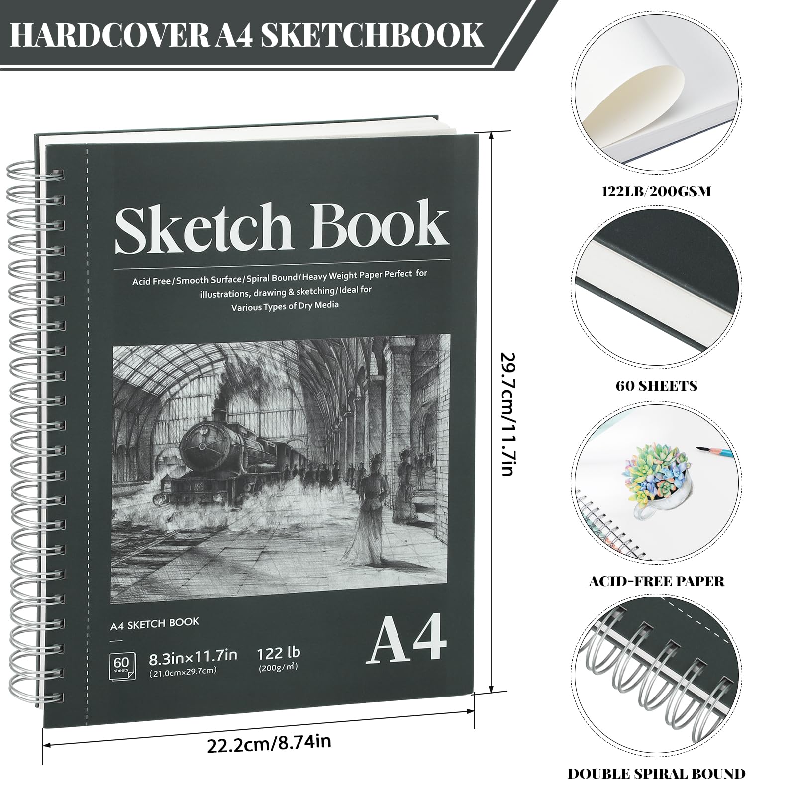 A4 Sketchbook, 60 Sheets Spiral Sketch Book with 200gsm Thick Paper - Image 2
