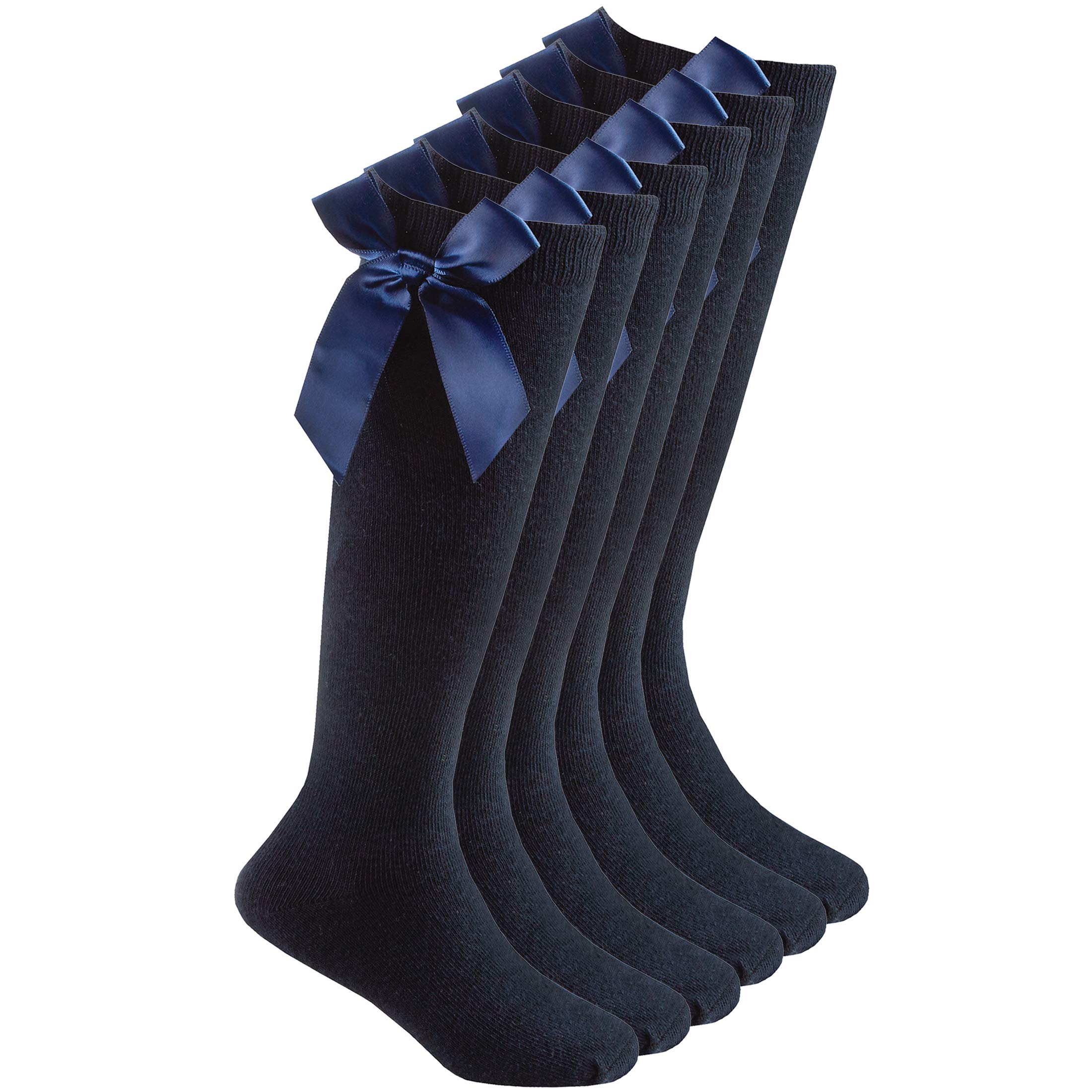 Metzuyan Girls 3 Pairs - Navy Kids 3 Pairs High Knee Plain Socks With Bow Back To School 3 Pack Navy Size 12.5-3.5