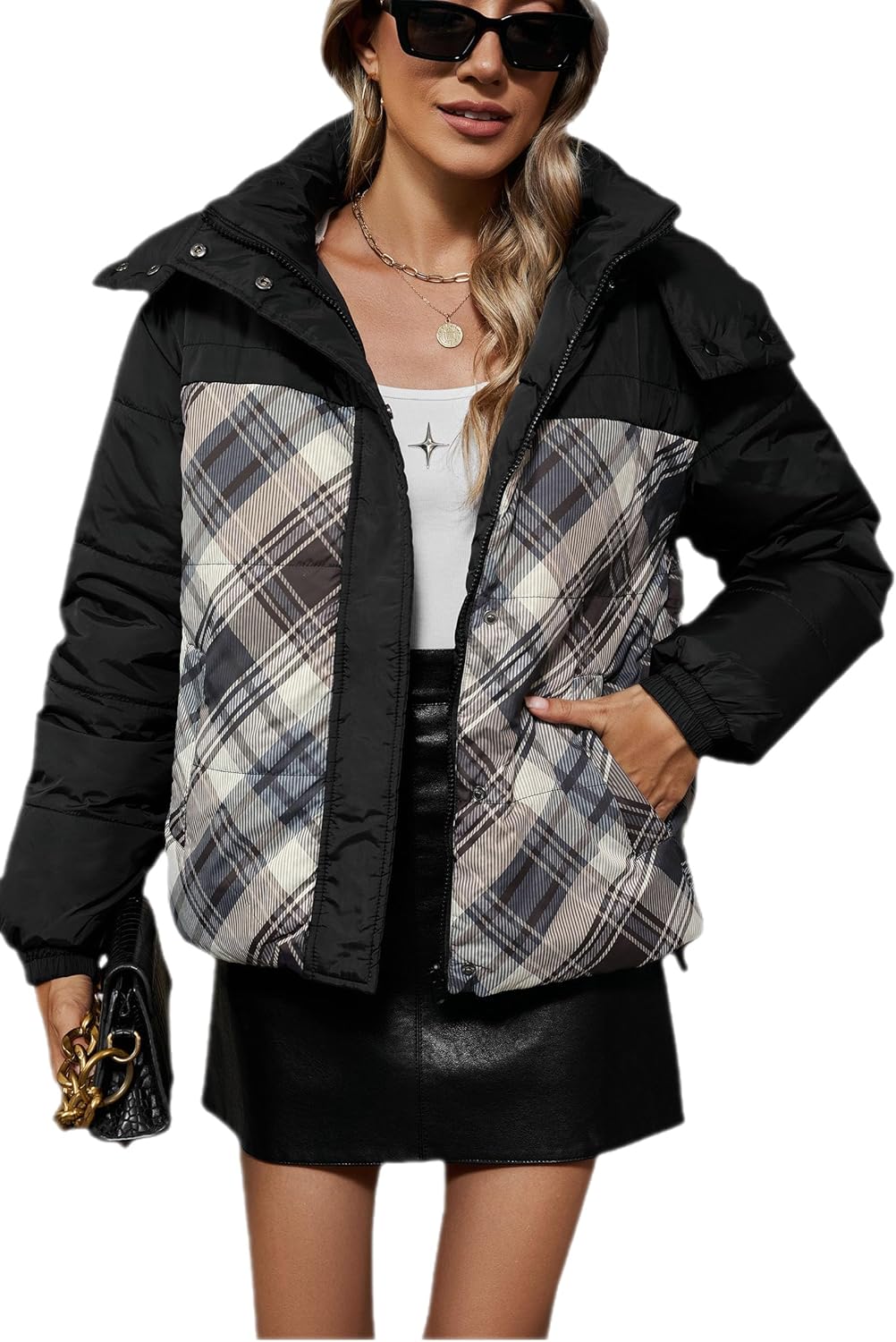 XULIKU Women Spring Fall Double-sided Quilted Lightweight Puffer Jacket Hooded, Plaid Patchwork Style Zip Up Coat Hip Length